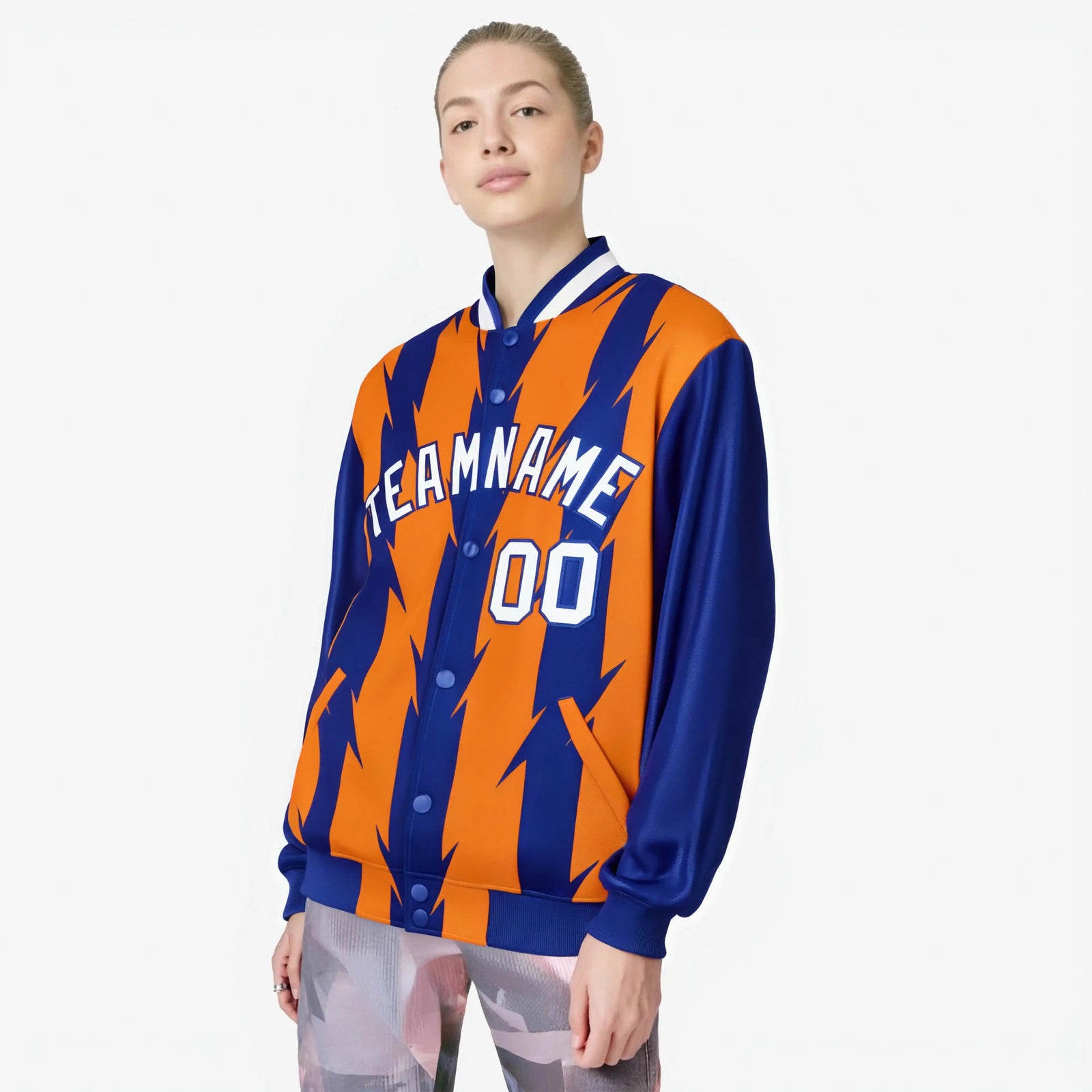 Custom Orange Royal Blue-White Blade Graffiti Pattern Varsity Full-Snap Jacket