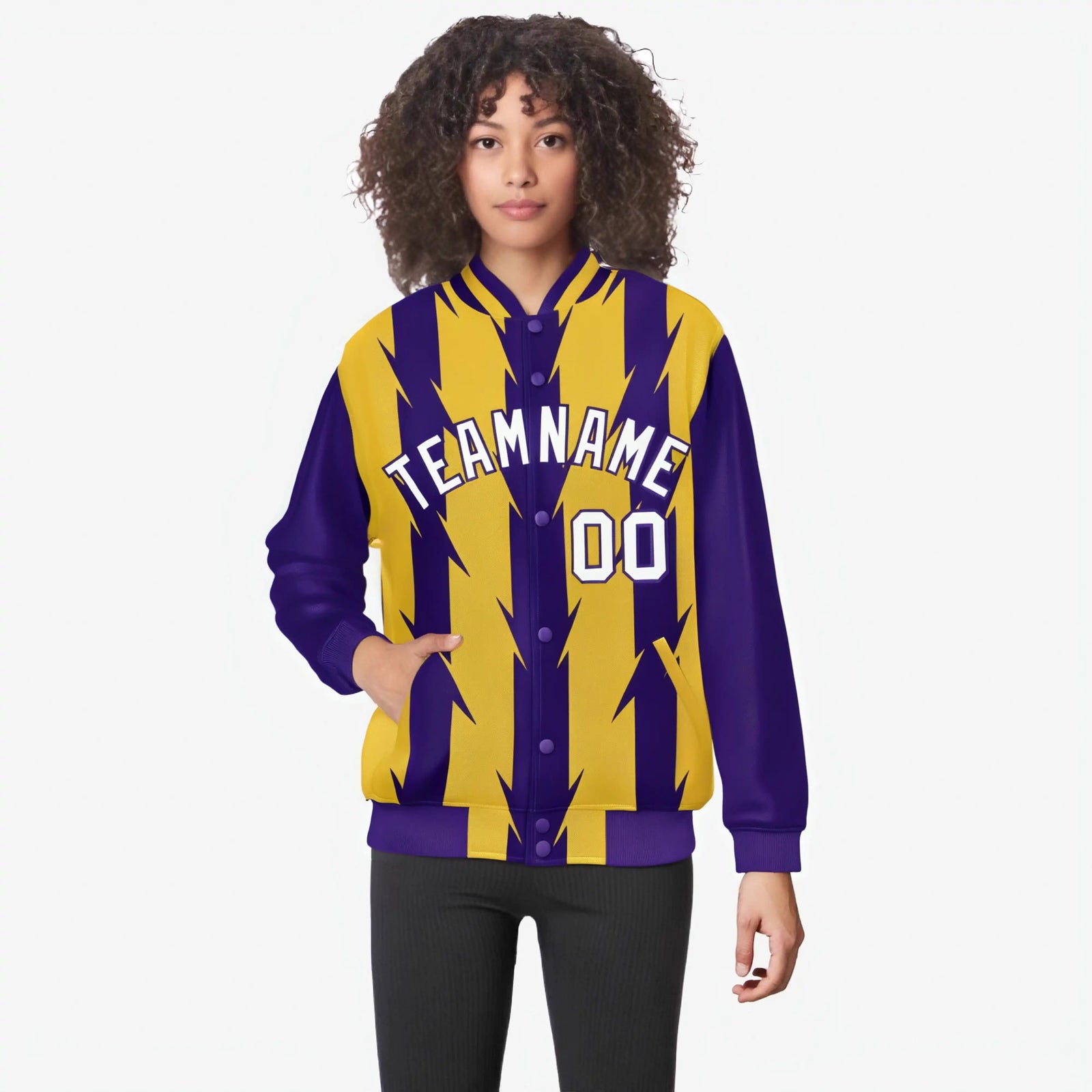 Custom Yellow Purple-White Blade Graffiti Pattern Varsity Full-Snap Jacket