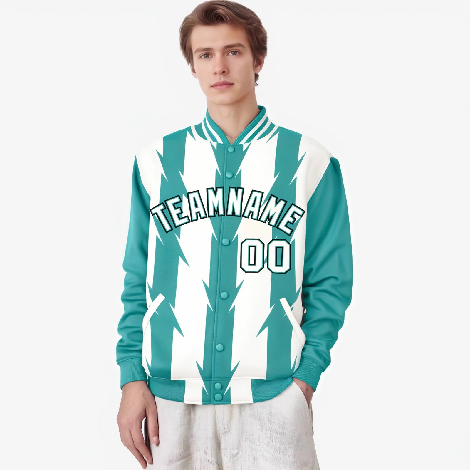 Custom White Aqua-Black Blade Graffiti Pattern Varsity Full-Snap Jacket