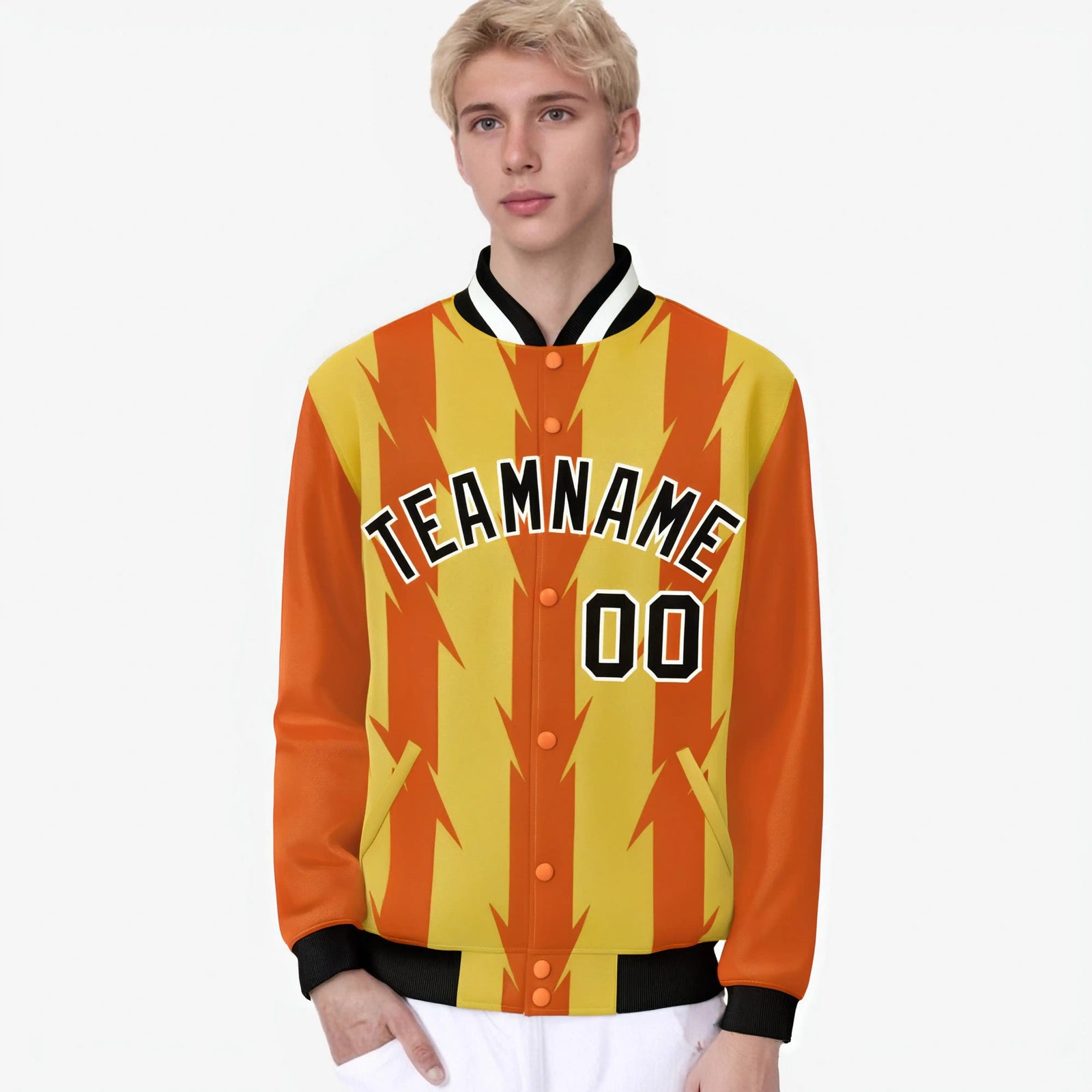 Custom Yellow Orange Black-White Blade Graffiti Pattern Varsity Full-Snap Jacket