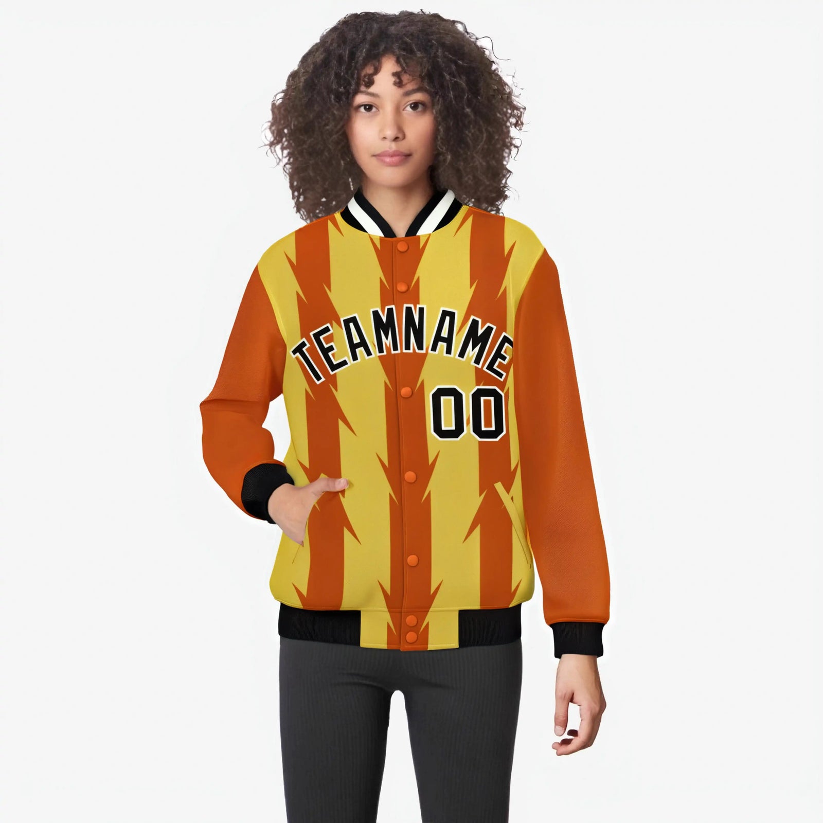 Custom Yellow Orange Black-White Blade Graffiti Pattern Varsity Full-Snap Jacket