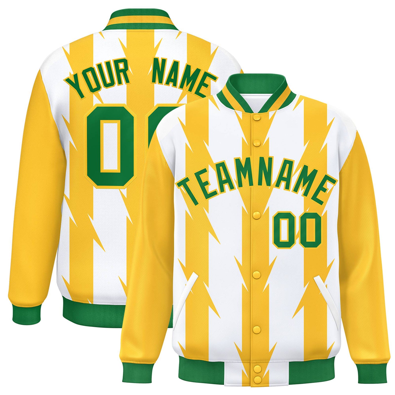 Custom White Gold-Kelly Green Blade Graffiti Pattern Varsity Full-Snap Jacket