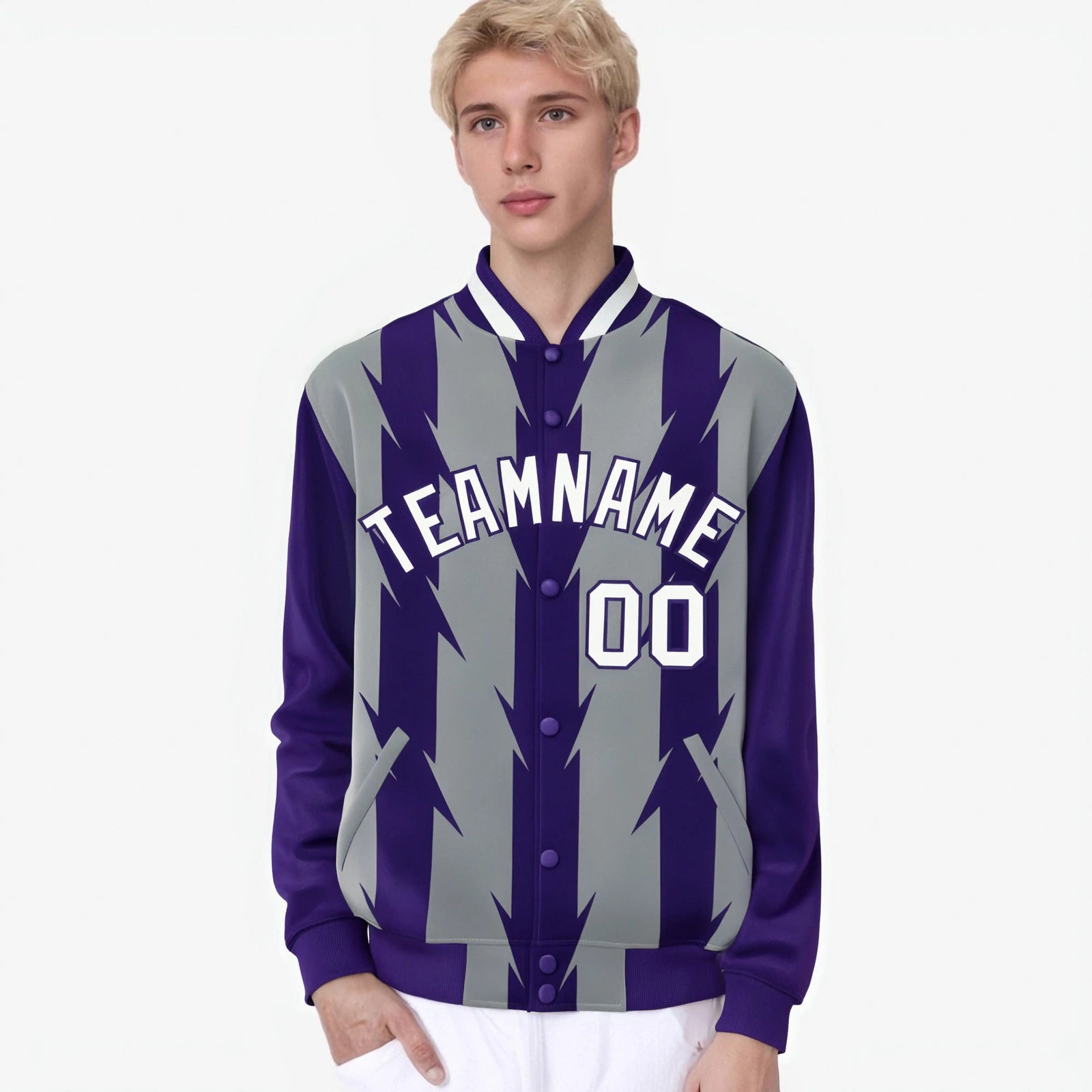 Custom Gray Purple-White Blade Graffiti Pattern Varsity Full-Snap Jacket