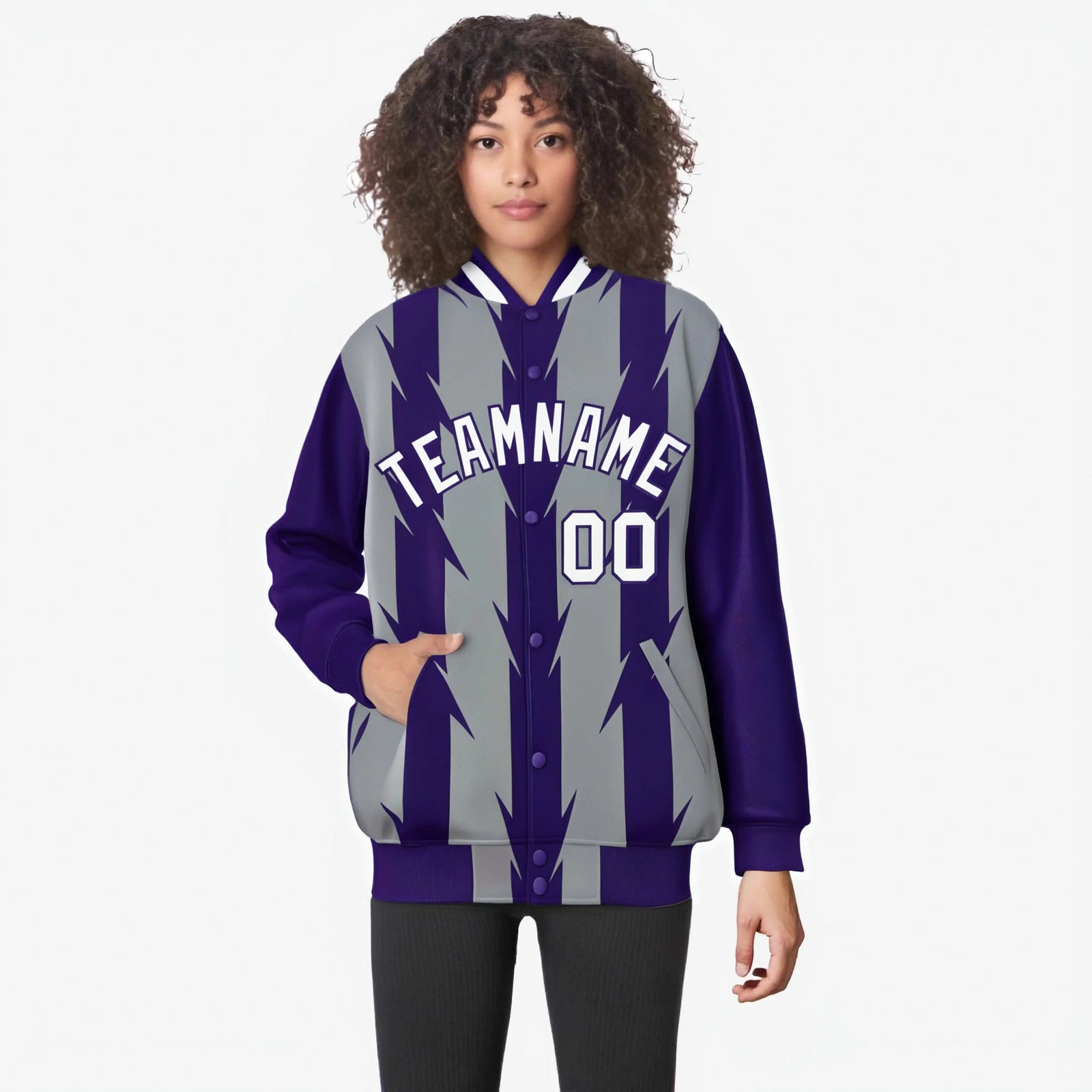 Custom Gray Purple-White Blade Graffiti Pattern Varsity Full-Snap Jacket