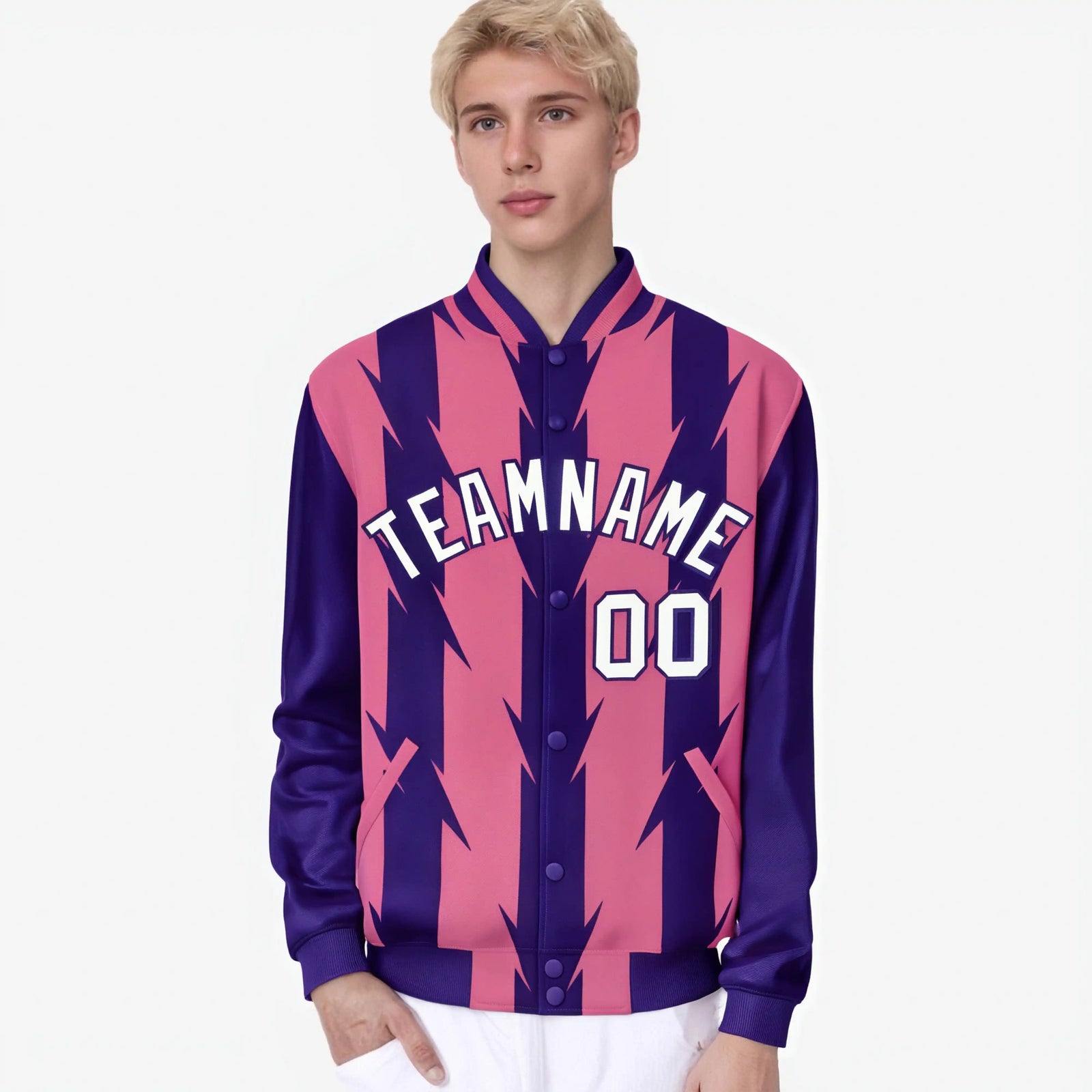 Custom Pink Purple-White Blade Graffiti Pattern Varsity Full-Snap Jacket