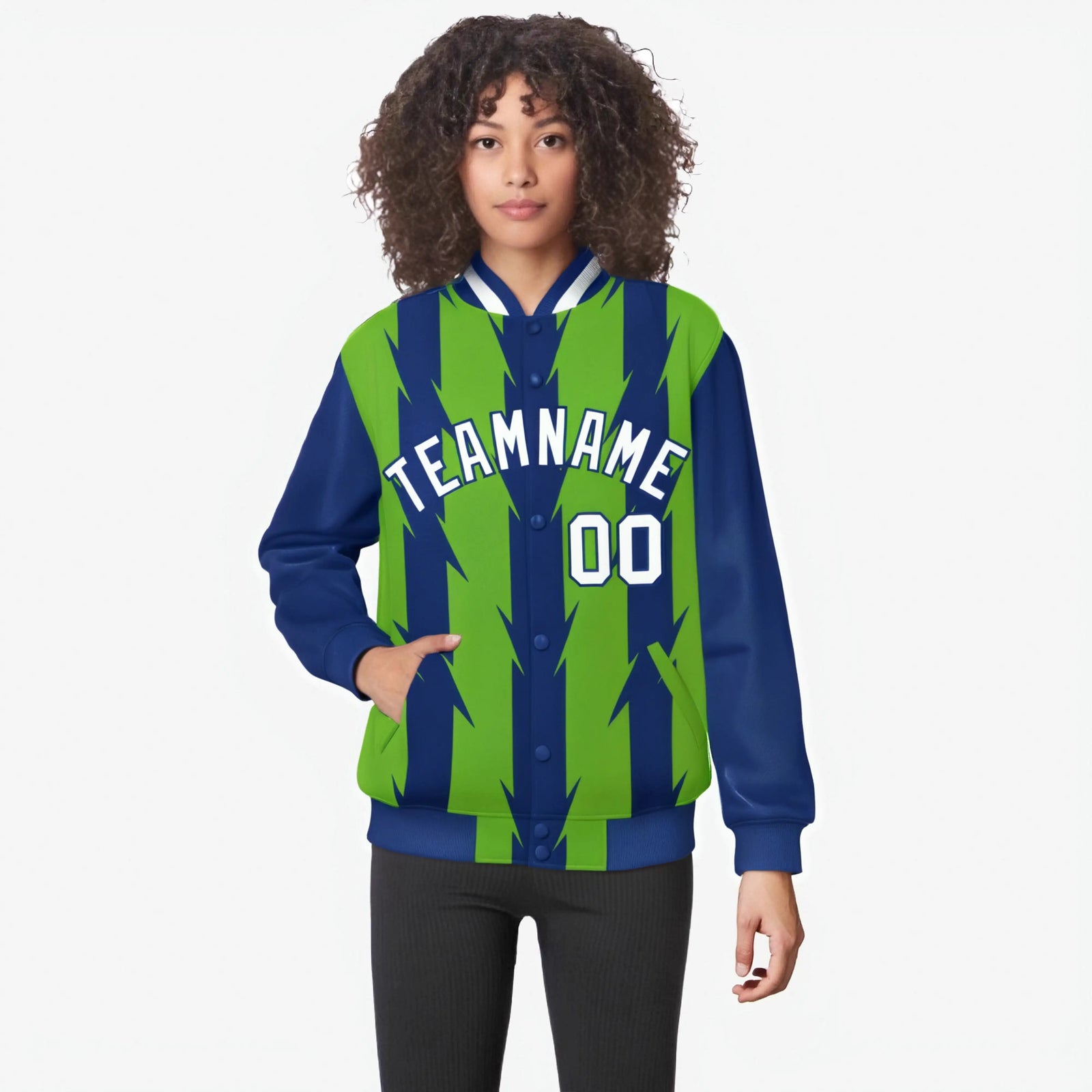 Custom Neon Green Royal Blue-White Blade Graffiti Pattern Varsity Full-Snap Jacket