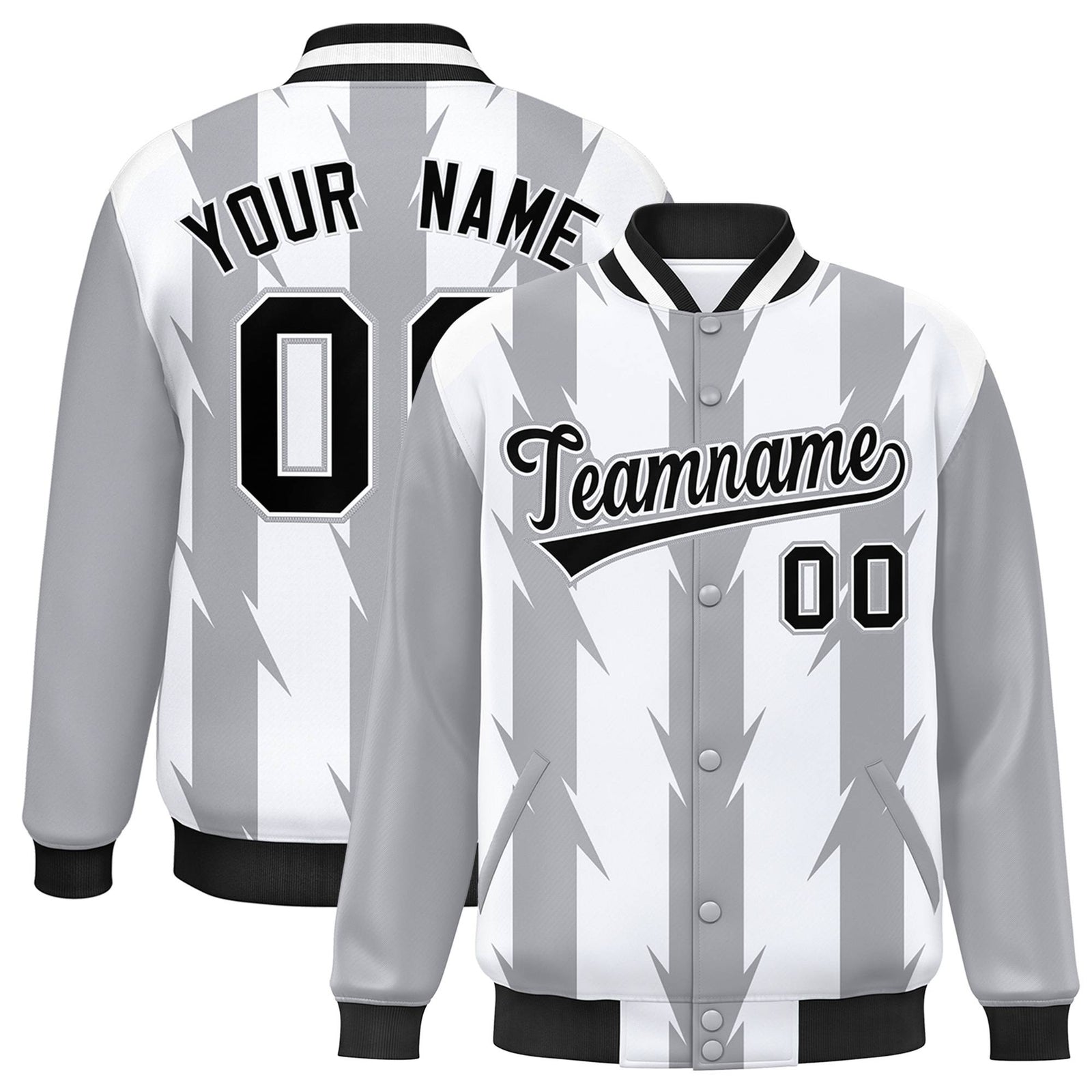 Custom White Gray-Black Blade Graffiti Pattern Varsity Full-Snap Jacket