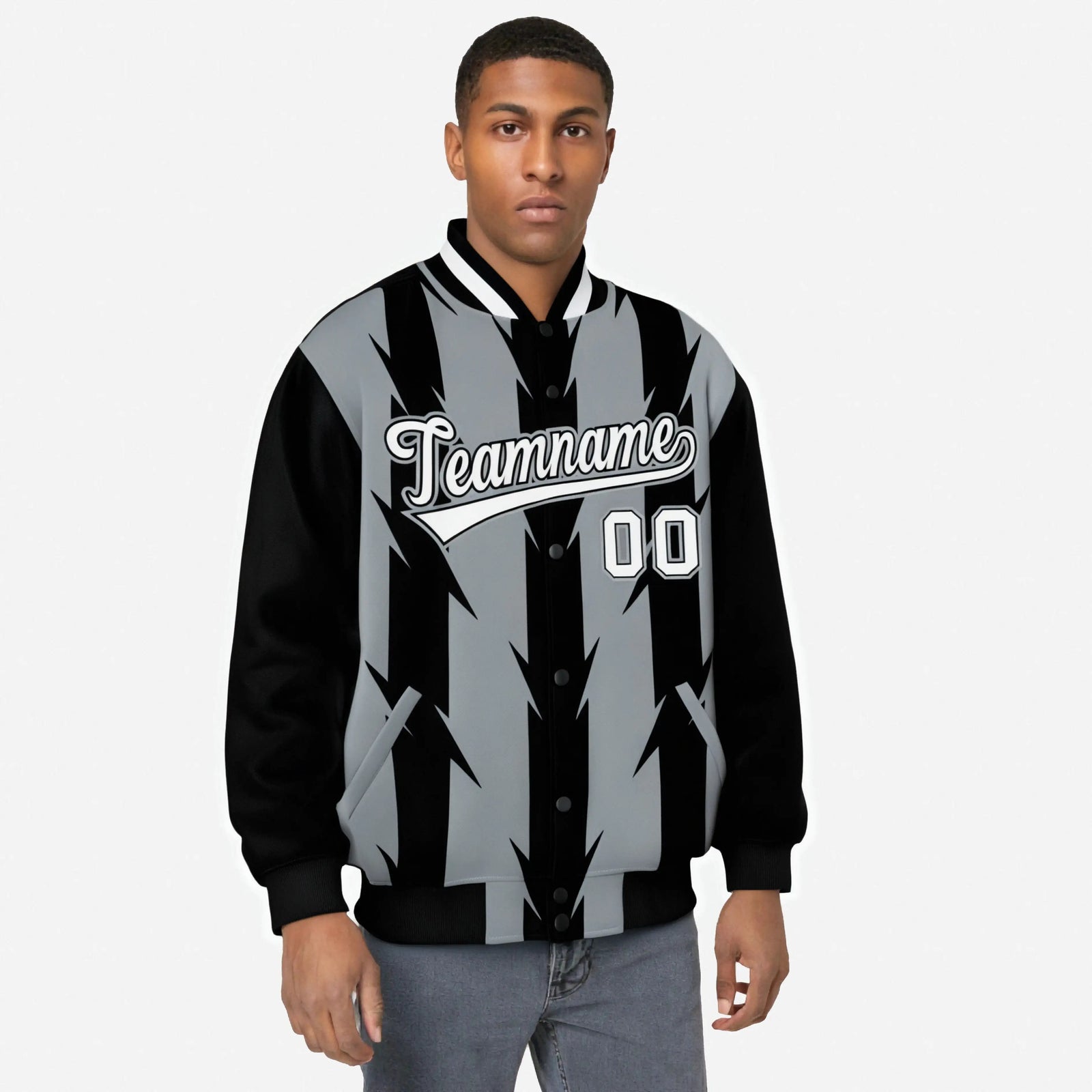 Custom Gray Black-White Blade Graffiti Pattern Varsity Full-Snap Jacket