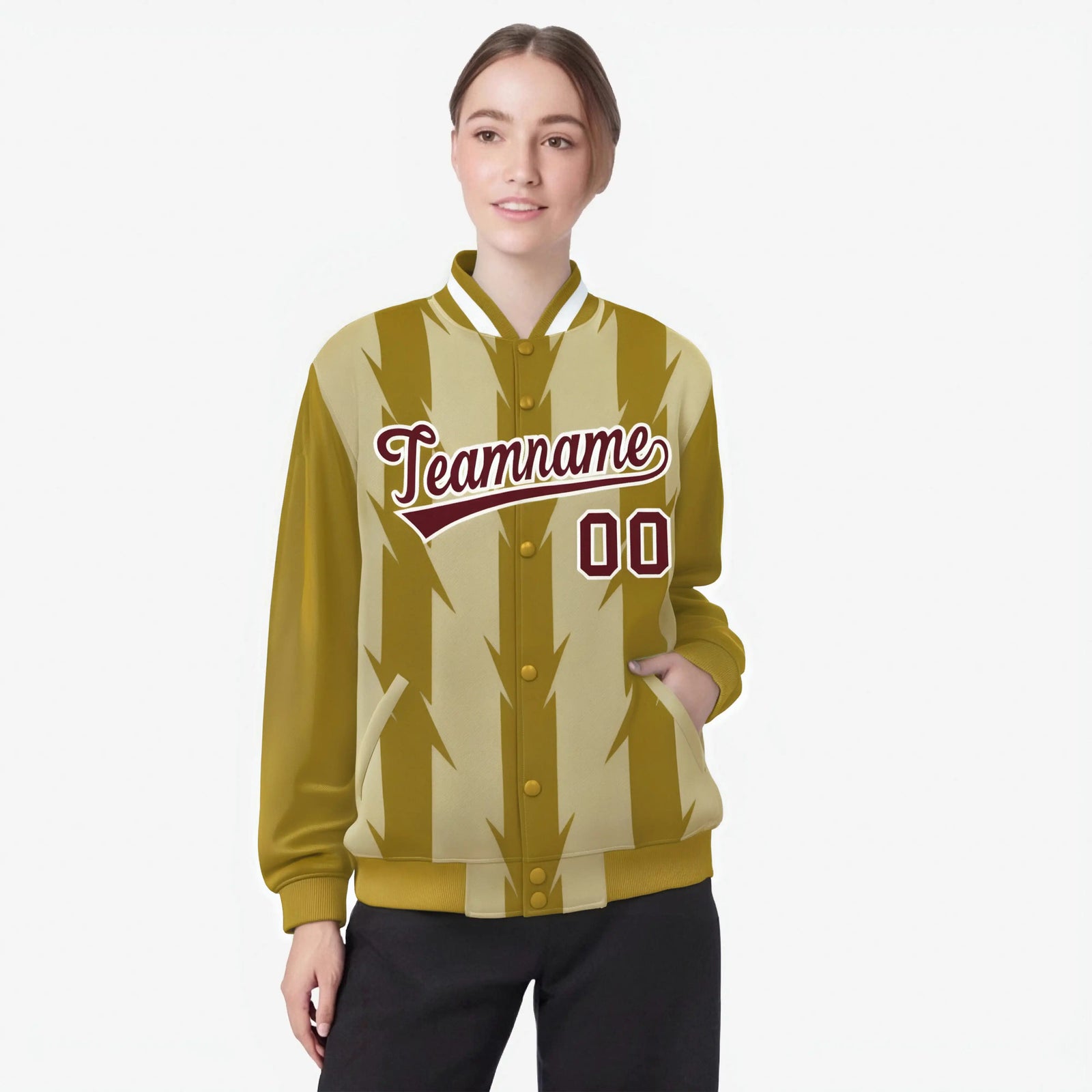 Custom Old Gold Khaki-Crimson Blade Graffiti Pattern Varsity Full-Snap Jacket