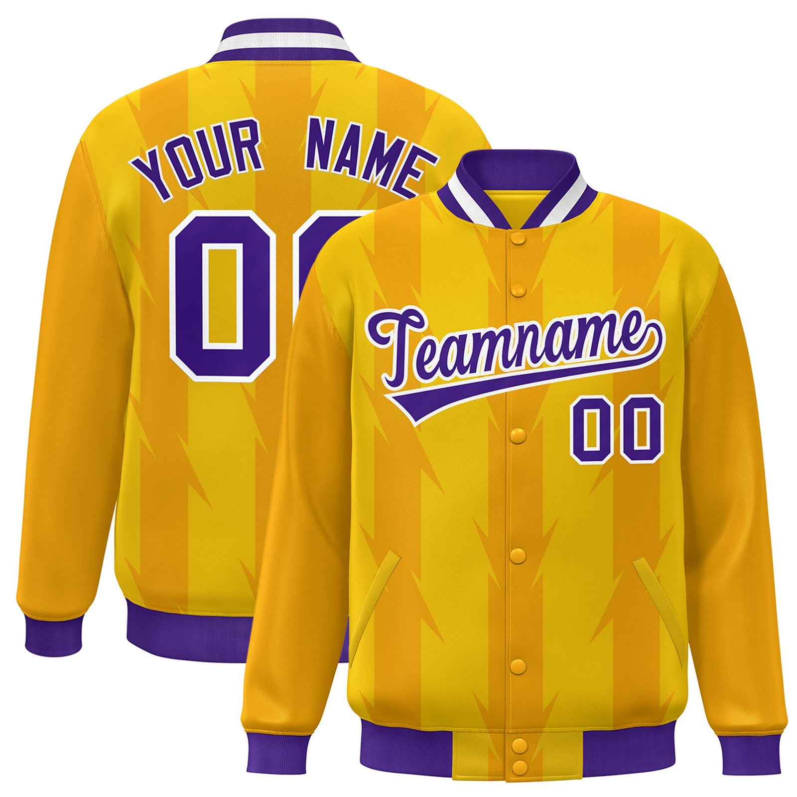 Custom Gold Yellow Purple-White Blade Graffiti Pattern Varsity Full-Snap Jacket