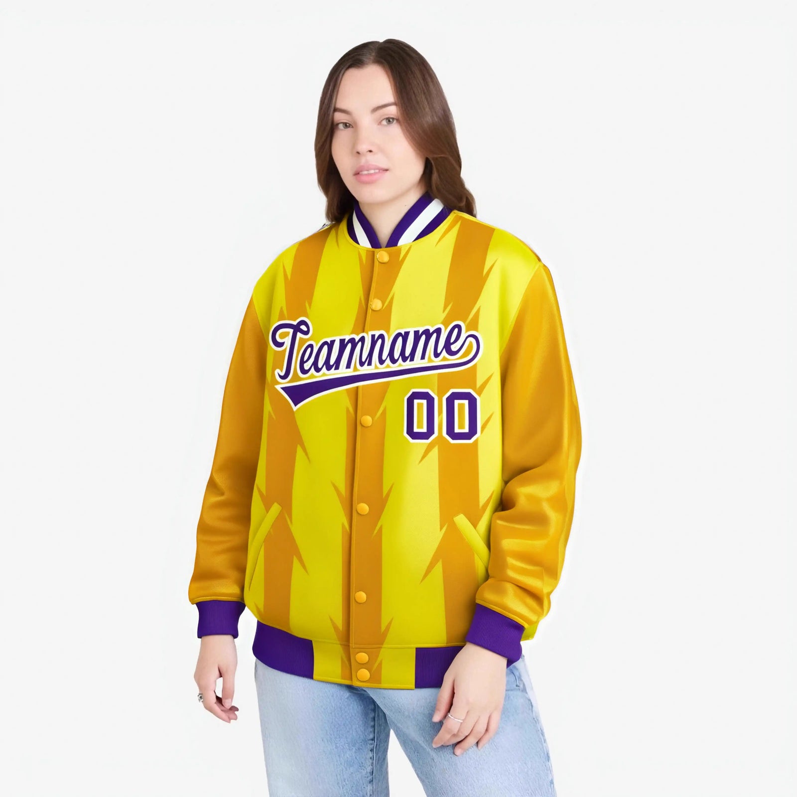 Custom Gold Yellow Purple-White Blade Graffiti Pattern Varsity Full-Snap Jacket