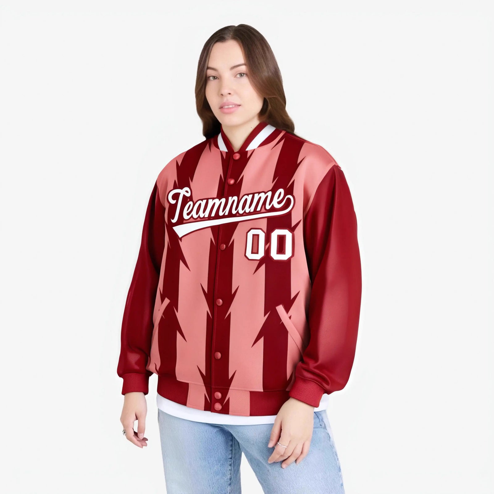 Custom Light Red Red-White Blade Graffiti Pattern Varsity Full-Snap Jacket