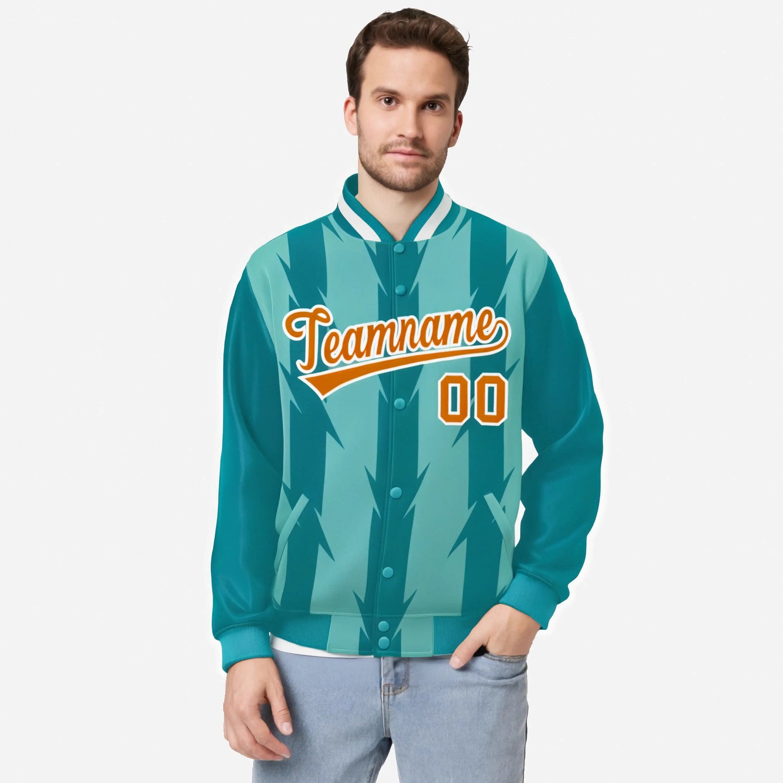 Custom Teal Aqua Orange-White Blade Graffiti Pattern Varsity Full-Snap Jacket