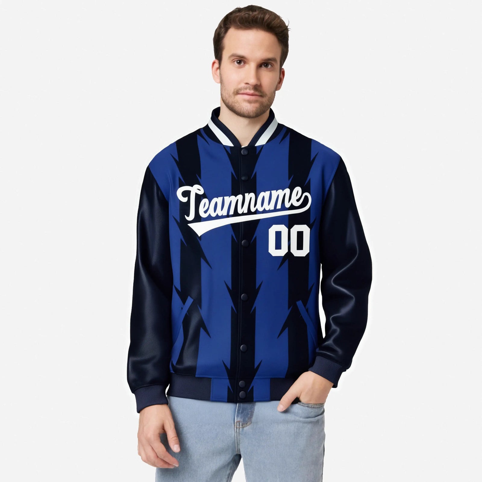 Custom Royal Blue Navy-White Blade Graffiti Pattern Varsity Full-Snap Jacket