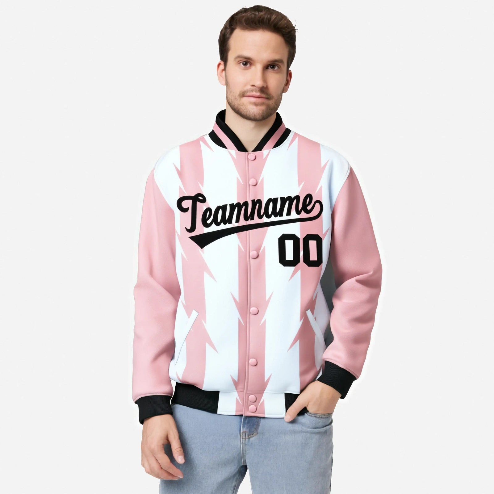 Custom White Light Pink-Black Blade Graffiti Pattern Varsity Full-Snap Jacket