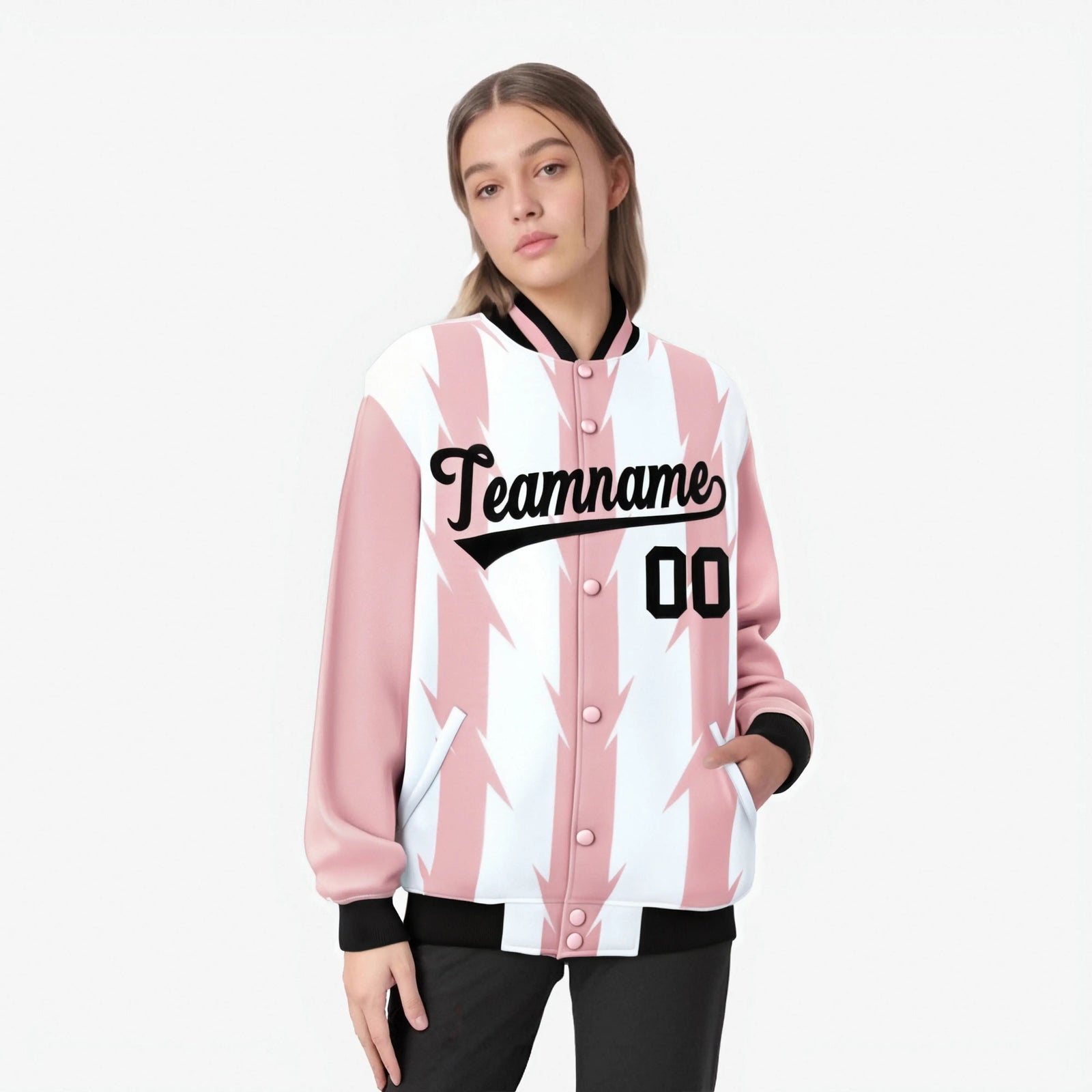 Custom White Light Pink-Black Blade Graffiti Pattern Varsity Full-Snap Jacket