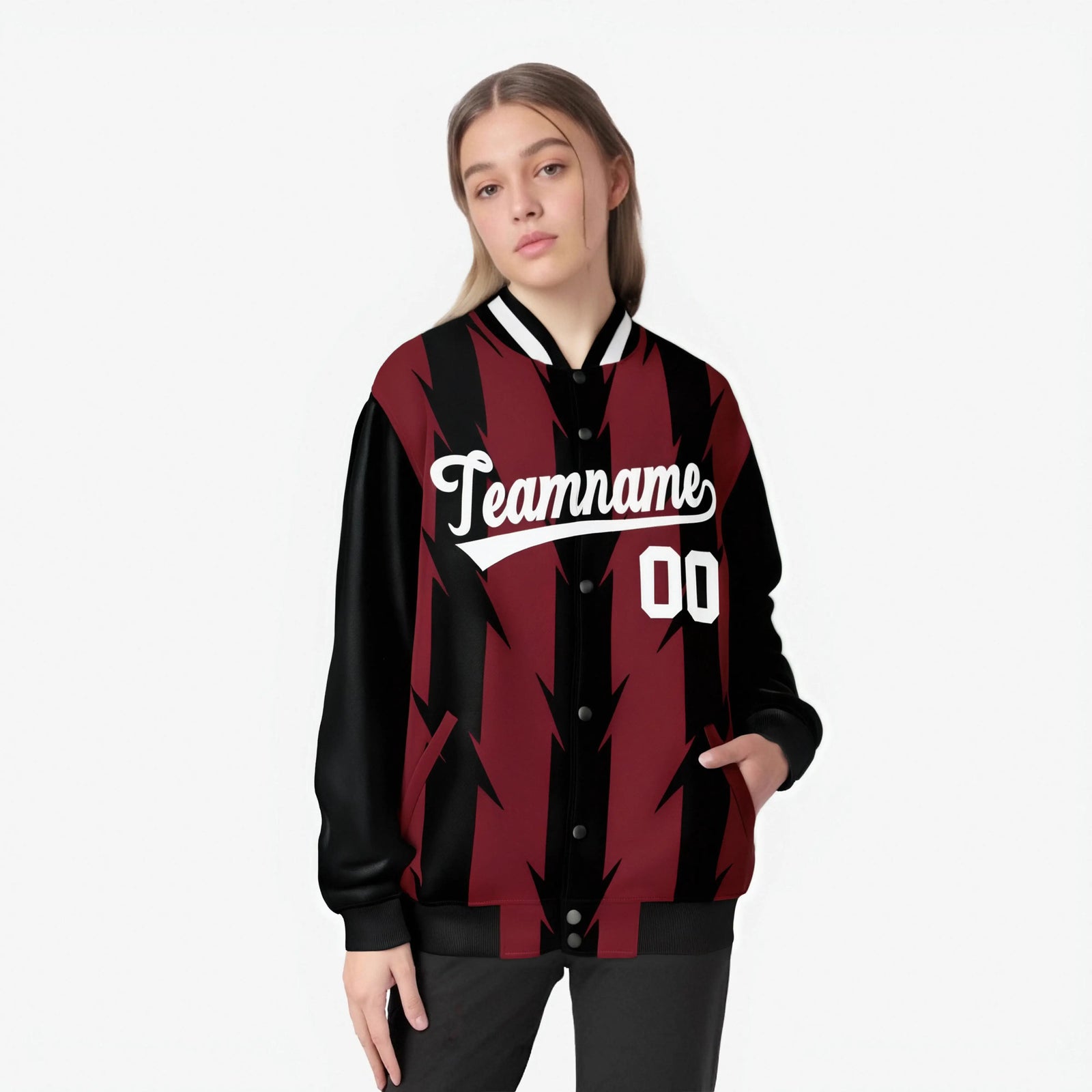 Custom Light Red Black-White Blade Graffiti Pattern Varsity Full-Snap Jacket