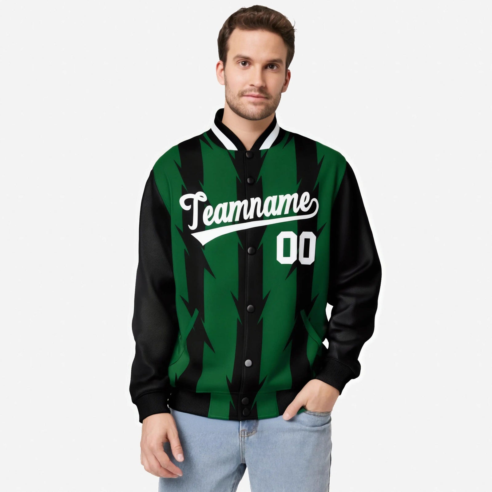 Custom Green Black-White Blade Graffiti Pattern Varsity Full-Snap Jacket