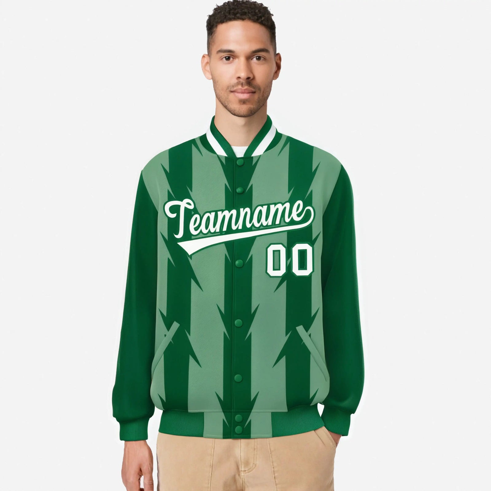 Custom Bright Green Kelly Green-White Blade Graffiti Pattern Varsity Full-Snap Jacket