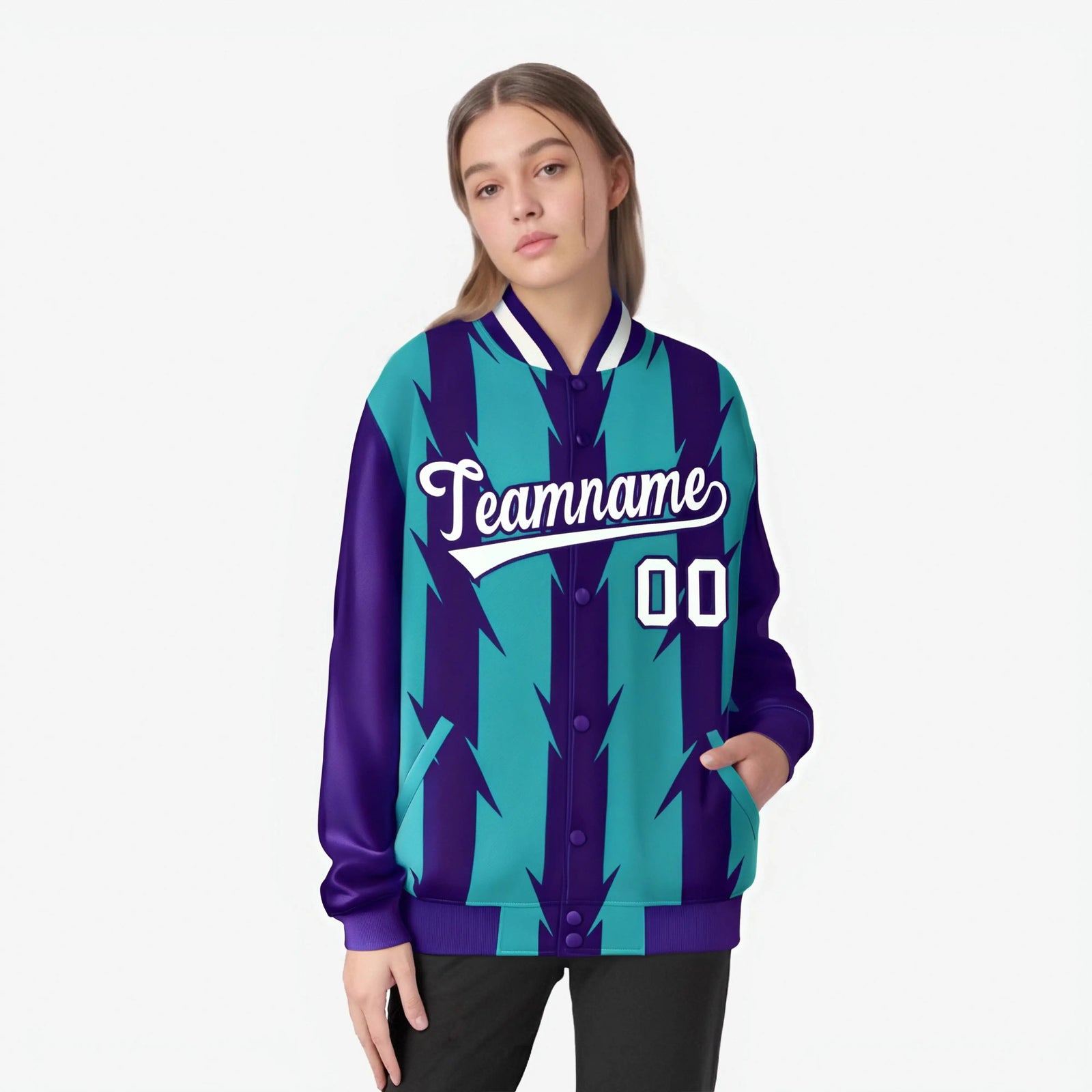 Custom Aqua Purple-White Blade Graffiti Pattern Varsity Full-Snap Jacket