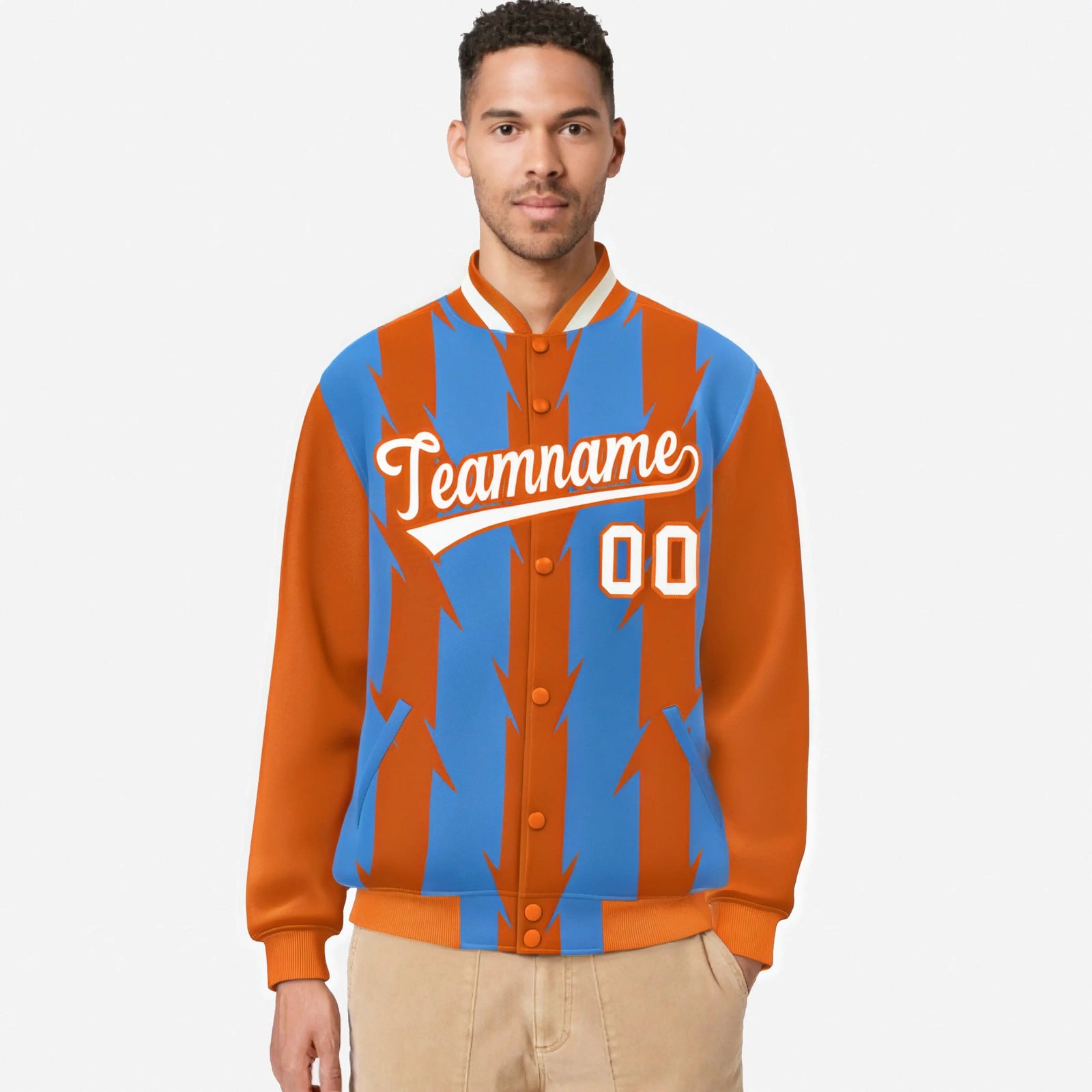 Custom Powder Blue Orange-White Blade Graffiti Pattern Varsity Full-Snap Jacket