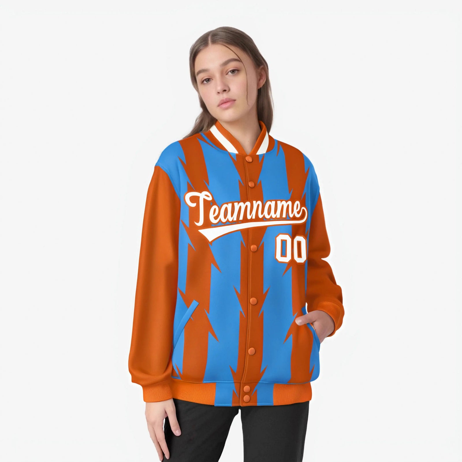 Custom Powder Blue Orange-White Blade Graffiti Pattern Varsity Full-Snap Jacket