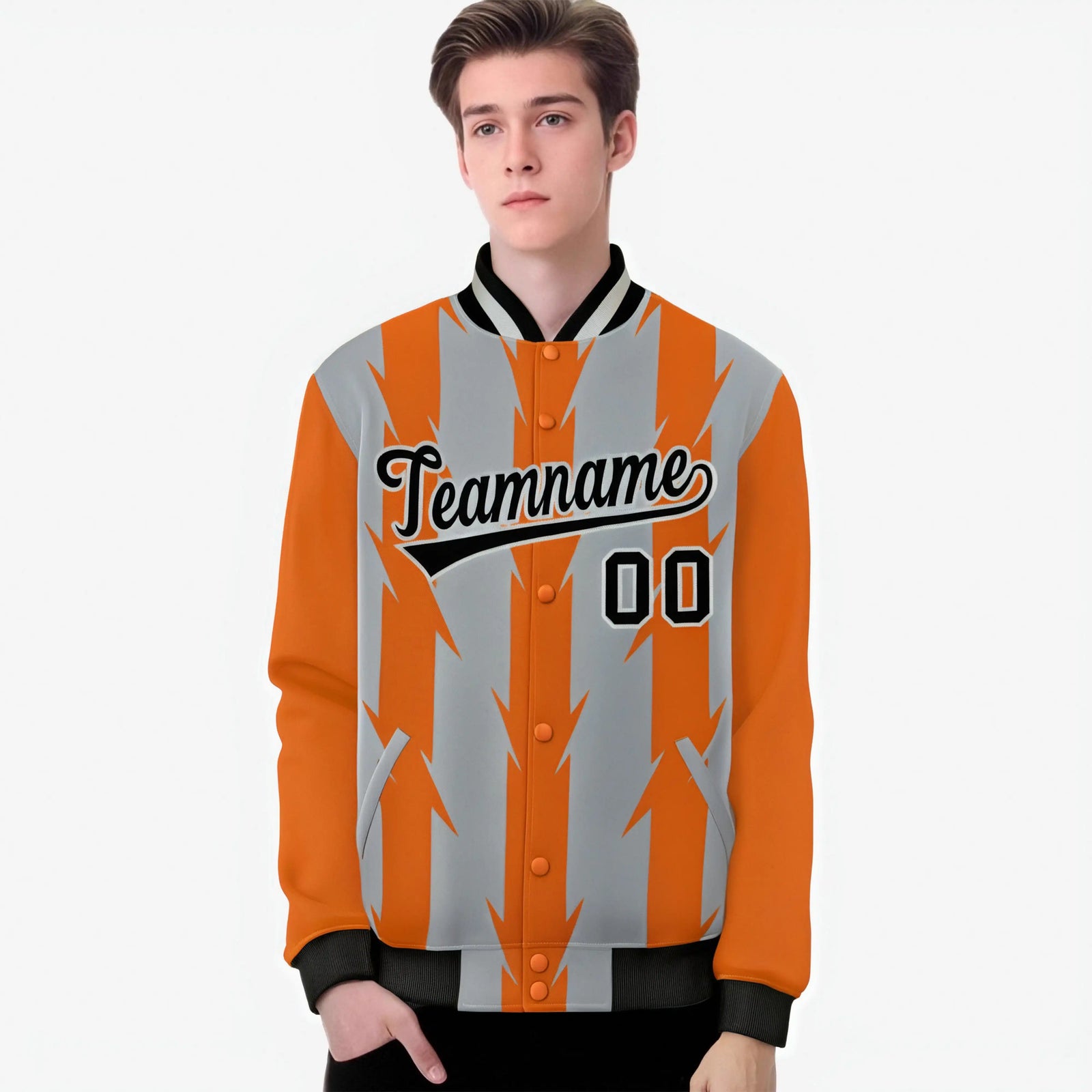 Custom Gray Orange Black Blade Graffiti Pattern Varsity Full-Snap Jacket