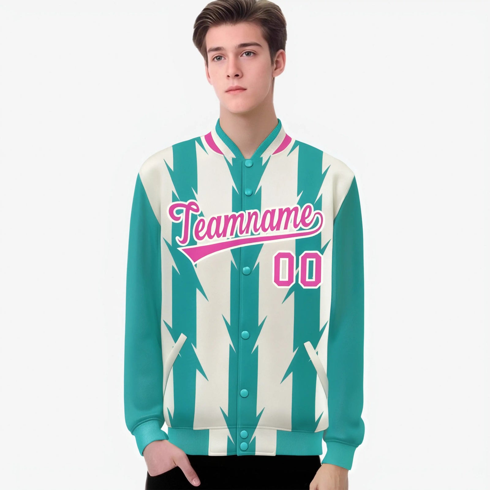 Custom Cream Aqua Pink Blade Graffiti Pattern Varsity Full-Snap Jacket