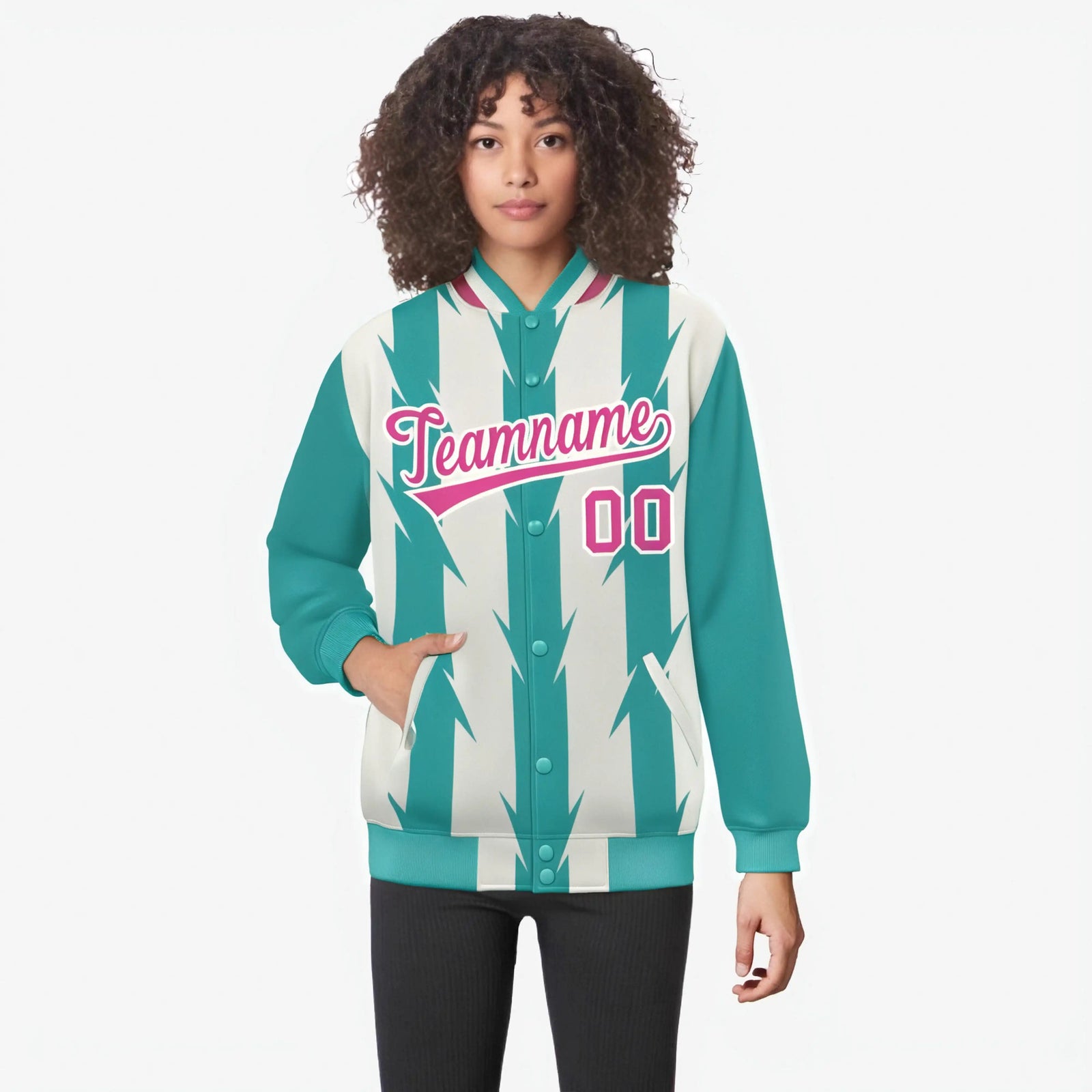 Custom Cream Aqua Pink Blade Graffiti Pattern Varsity Full-Snap Jacket