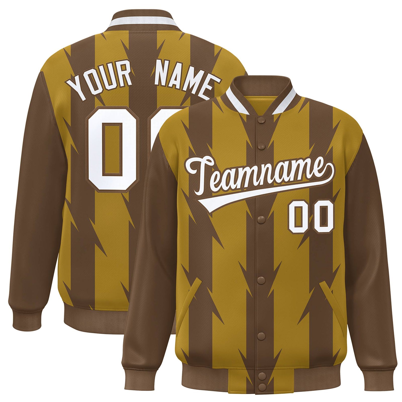 Custom Old Gold Brown-White Blade Graffiti Pattern Varsity Full-Snap Jacket