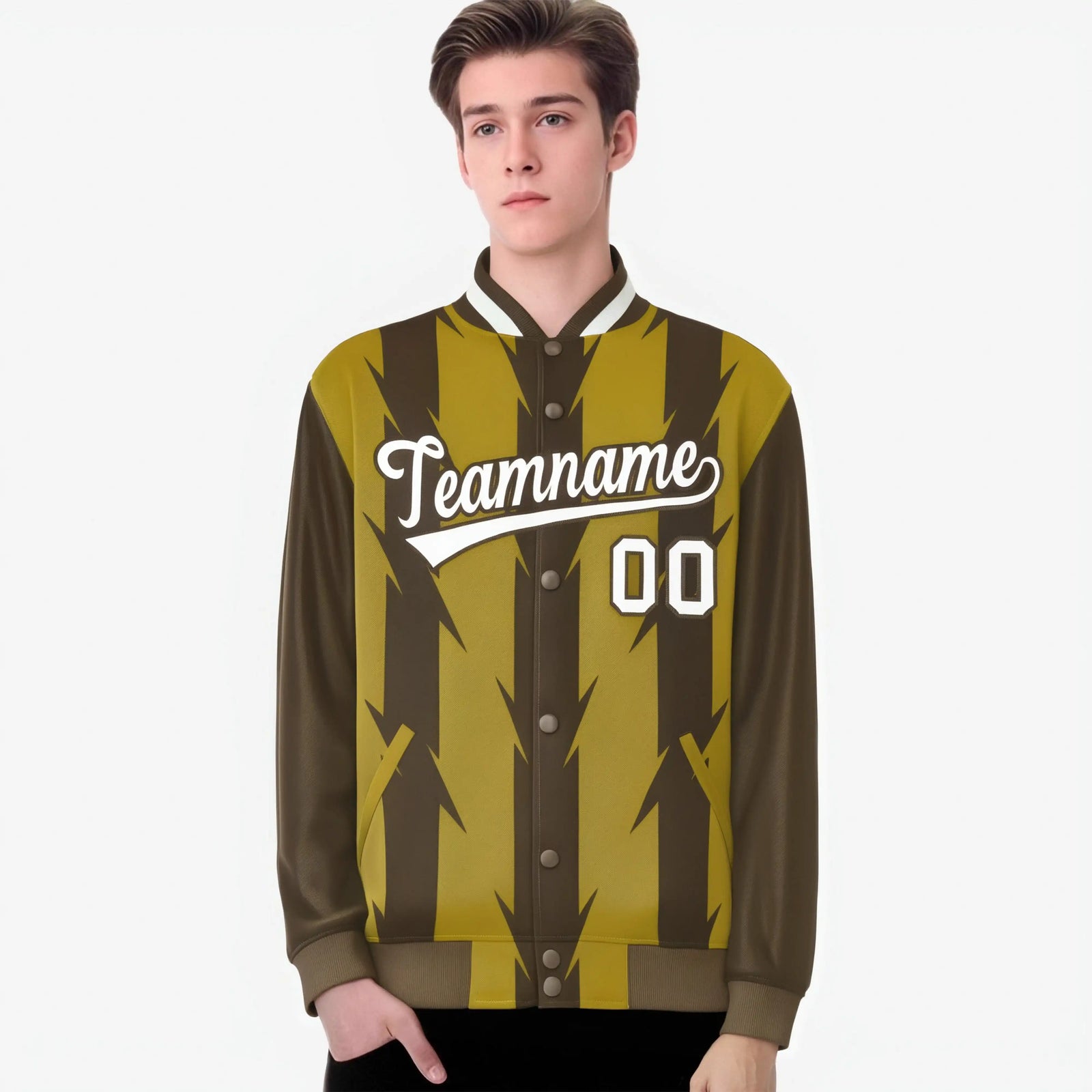 Custom Old Gold Brown-White Blade Graffiti Pattern Varsity Full-Snap Jacket