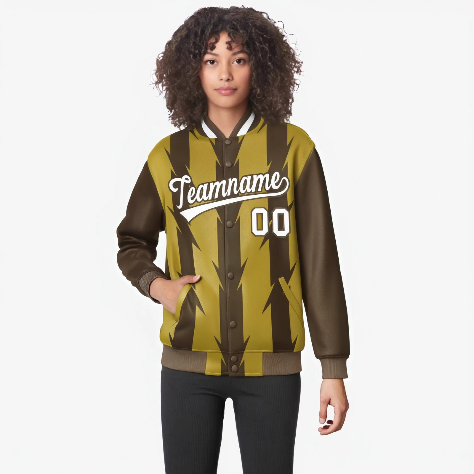 Custom Old Gold Brown-White Blade Graffiti Pattern Varsity Full-Snap Jacket