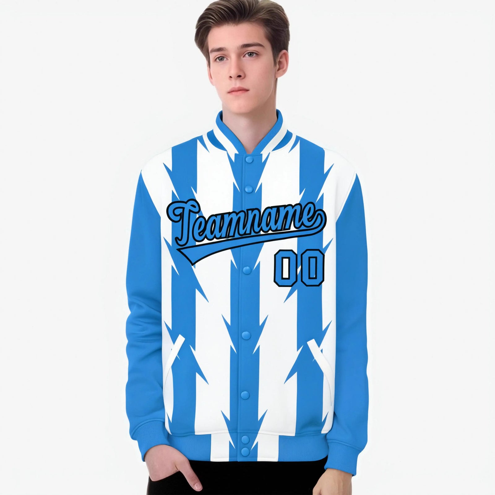 Custom White Powder Blue-Black Blade Graffiti Pattern Varsity Full-Snap Jacket