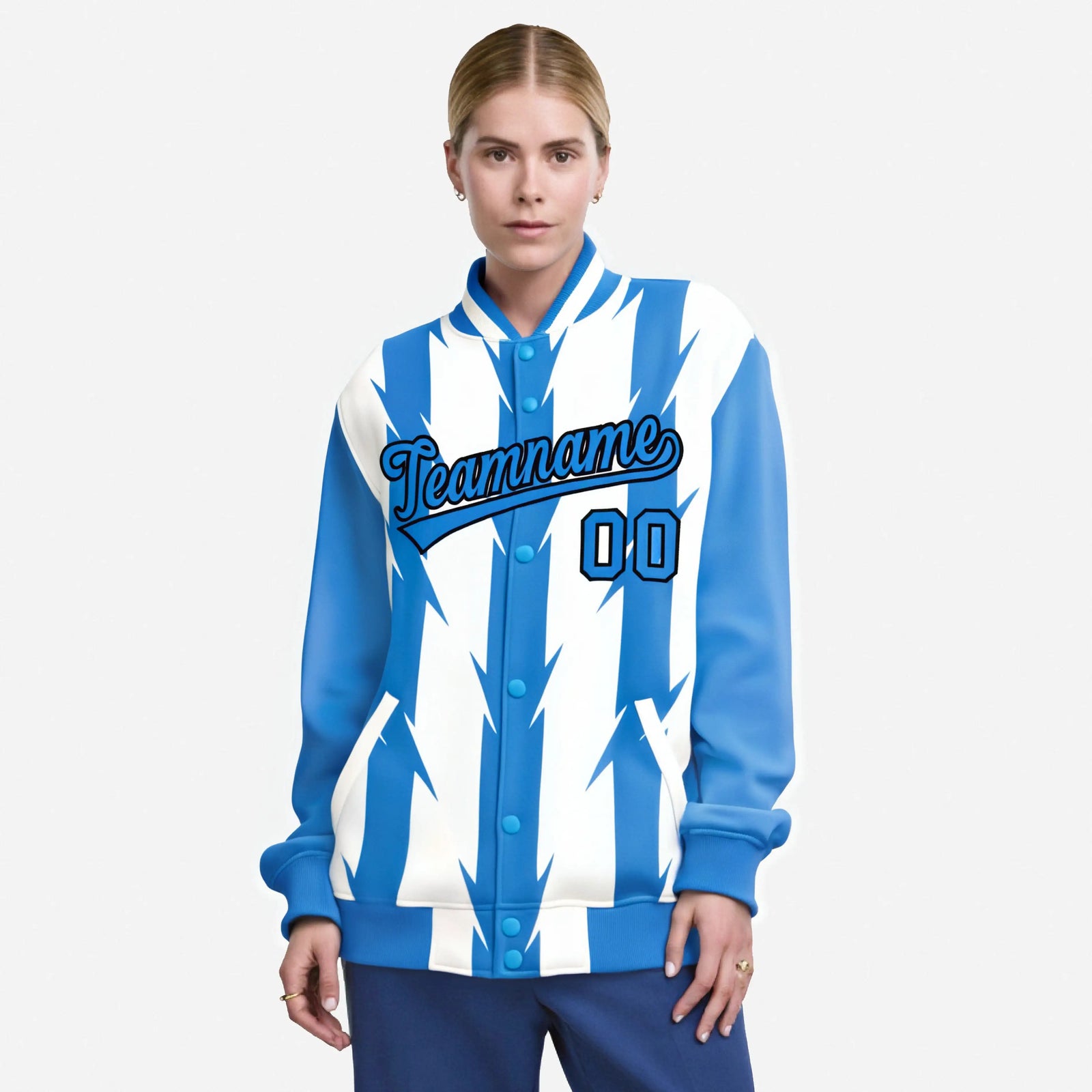 Custom White Powder Blue-Black Blade Graffiti Pattern Varsity Full-Snap Jacket