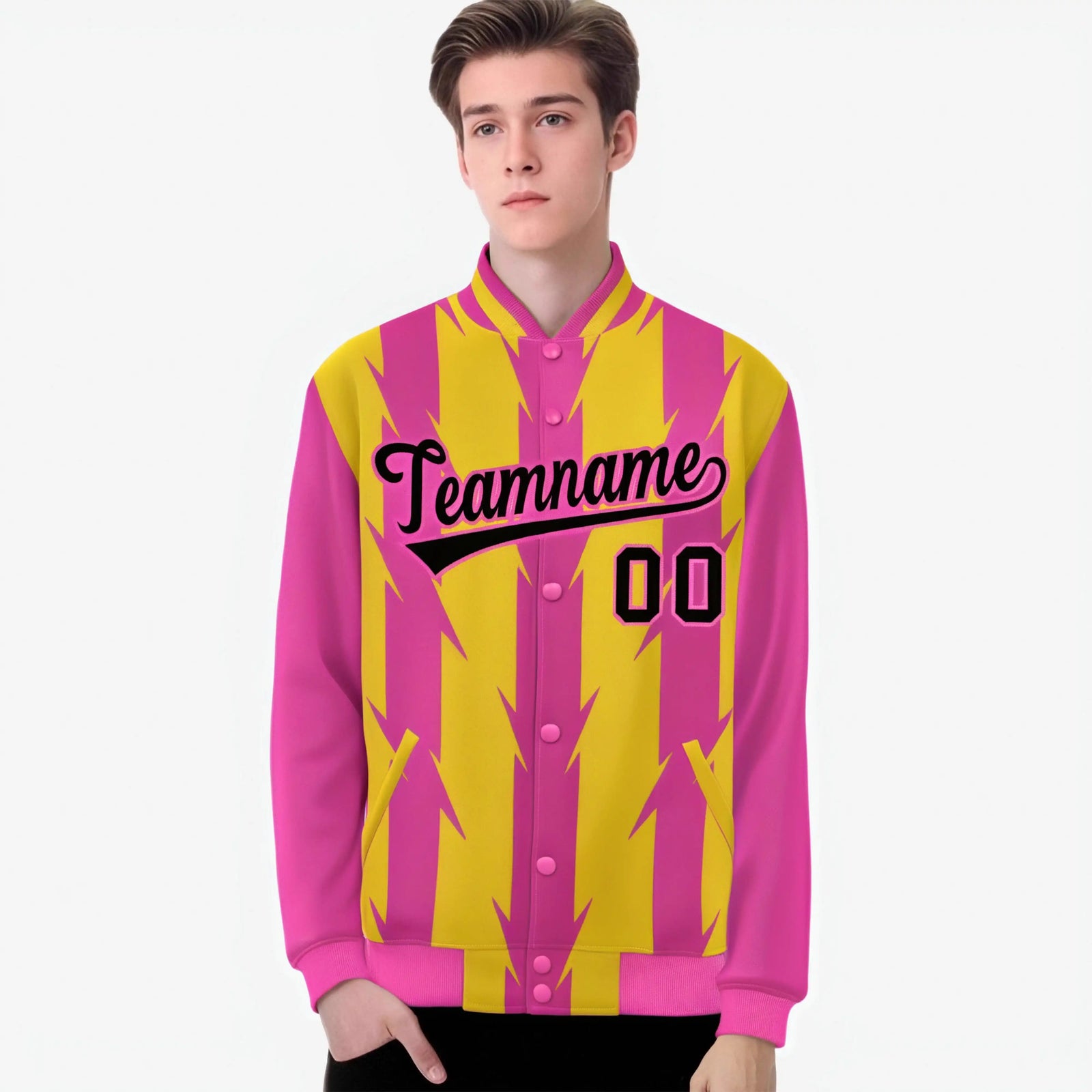 Custom Gold Pink-Black Blade Graffiti Pattern Varsity Full-Snap Jacket