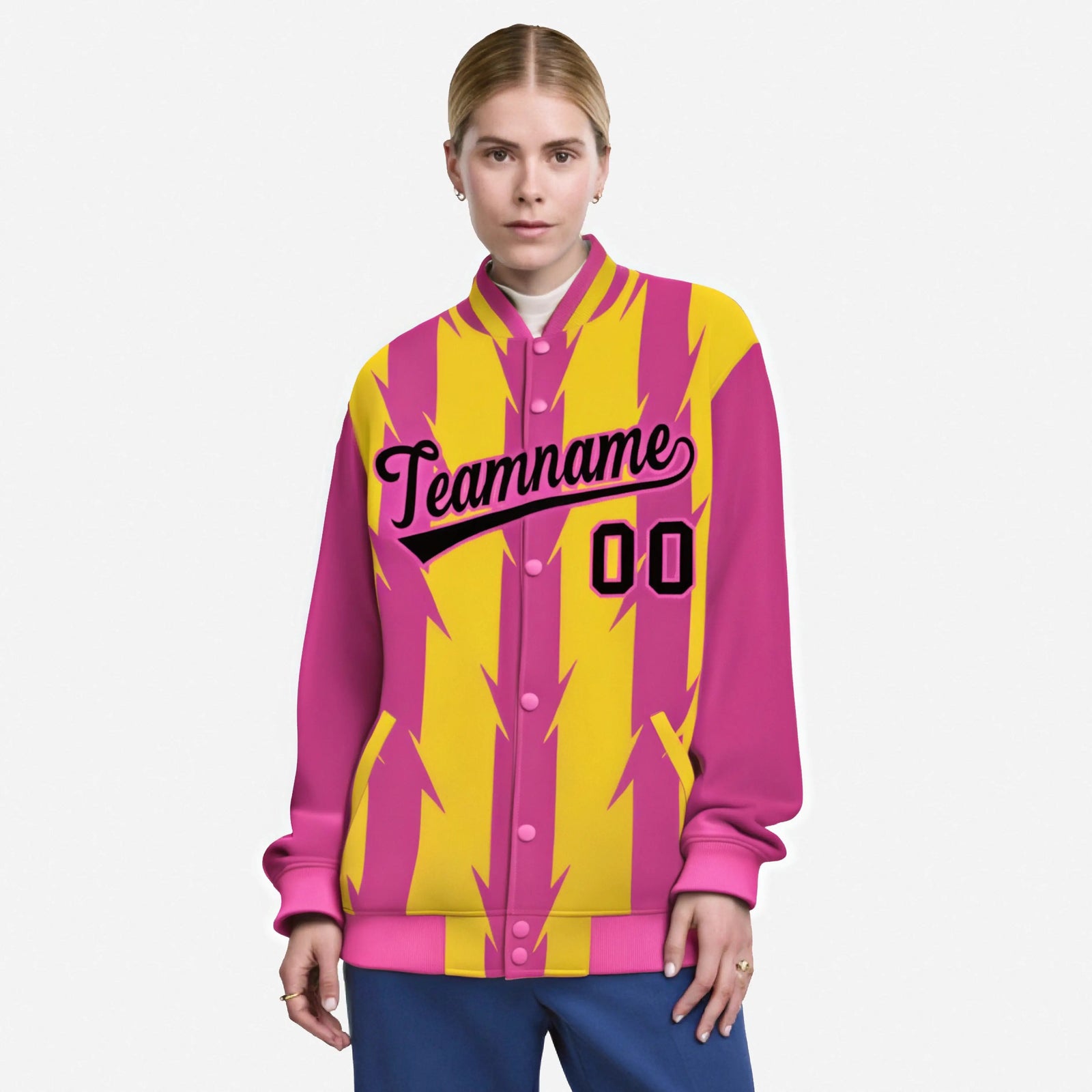 Custom Gold Pink-Black Blade Graffiti Pattern Varsity Full-Snap Jacket