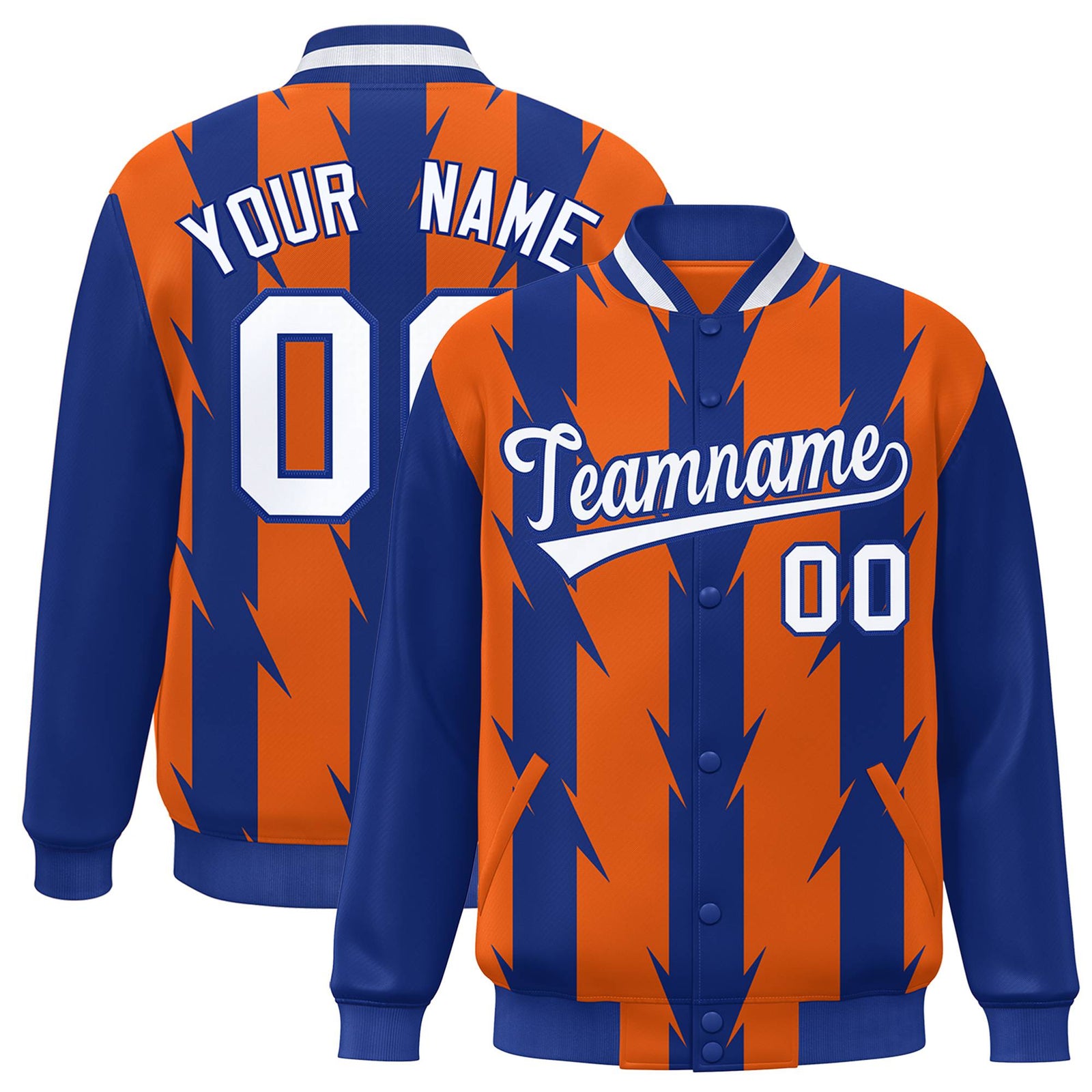 Custom Orange Royal Blue-White Blade Graffiti Pattern Varsity Full-Snap Jacket