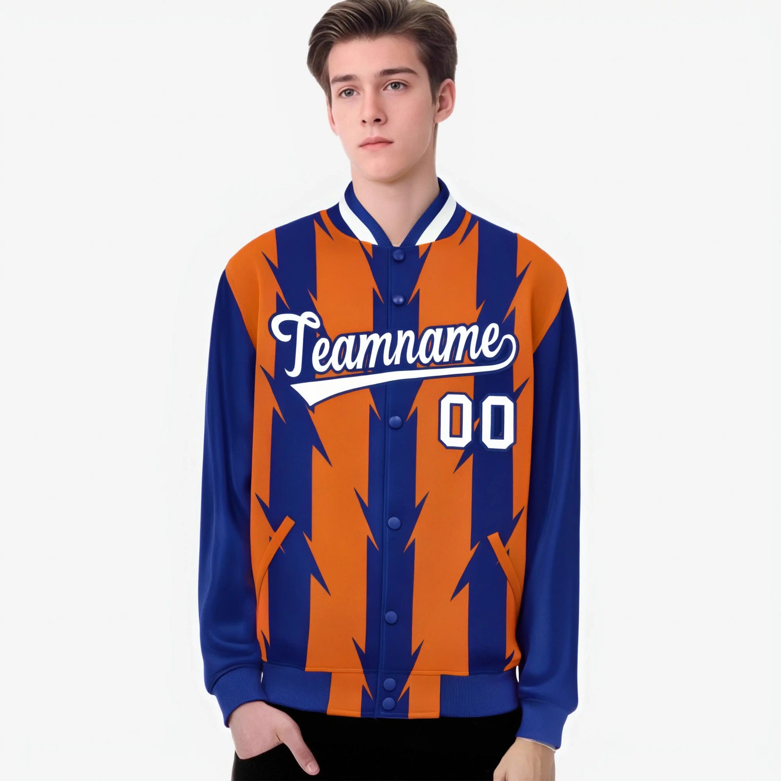 Custom Orange Royal Blue-White Blade Graffiti Pattern Varsity Full-Snap Jacket