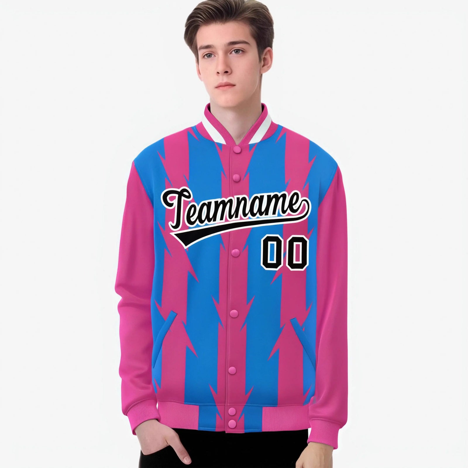 Custom Powder Blue Pink-Black Blade Graffiti Pattern Varsity Full-Snap Jacket