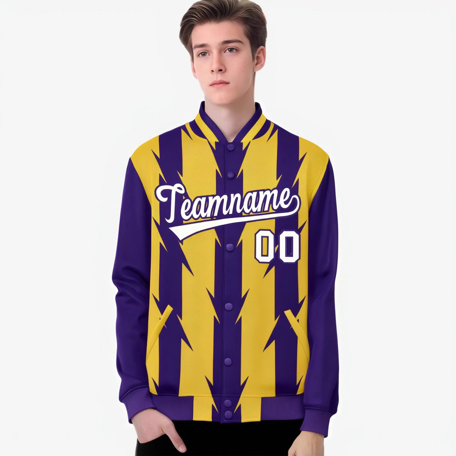 Custom Yellow Purple-White Blade Graffiti Pattern Varsity Full-Snap Jacket