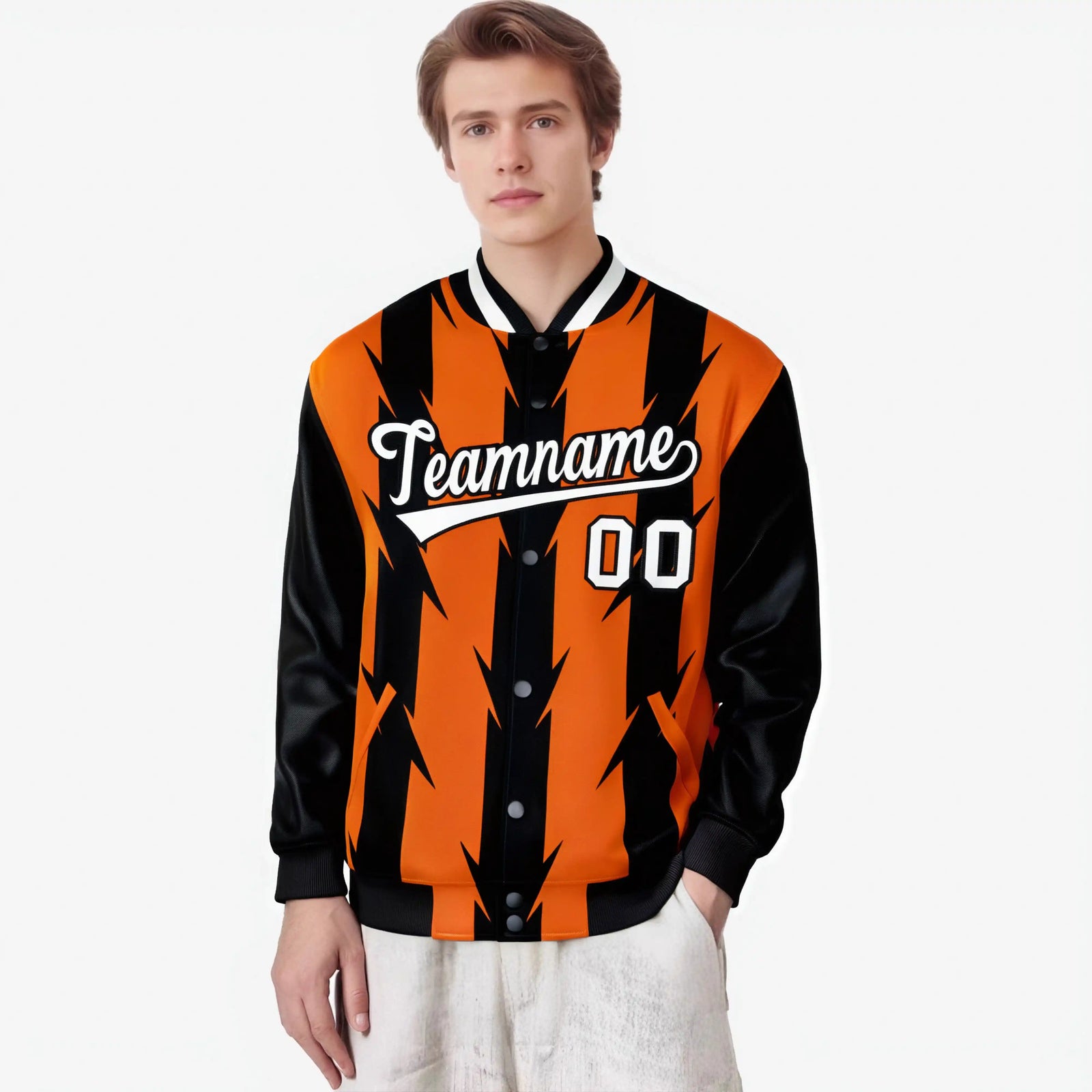 Custom Orange Black-White Blade Graffiti Pattern Varsity Full-Snap Jacket