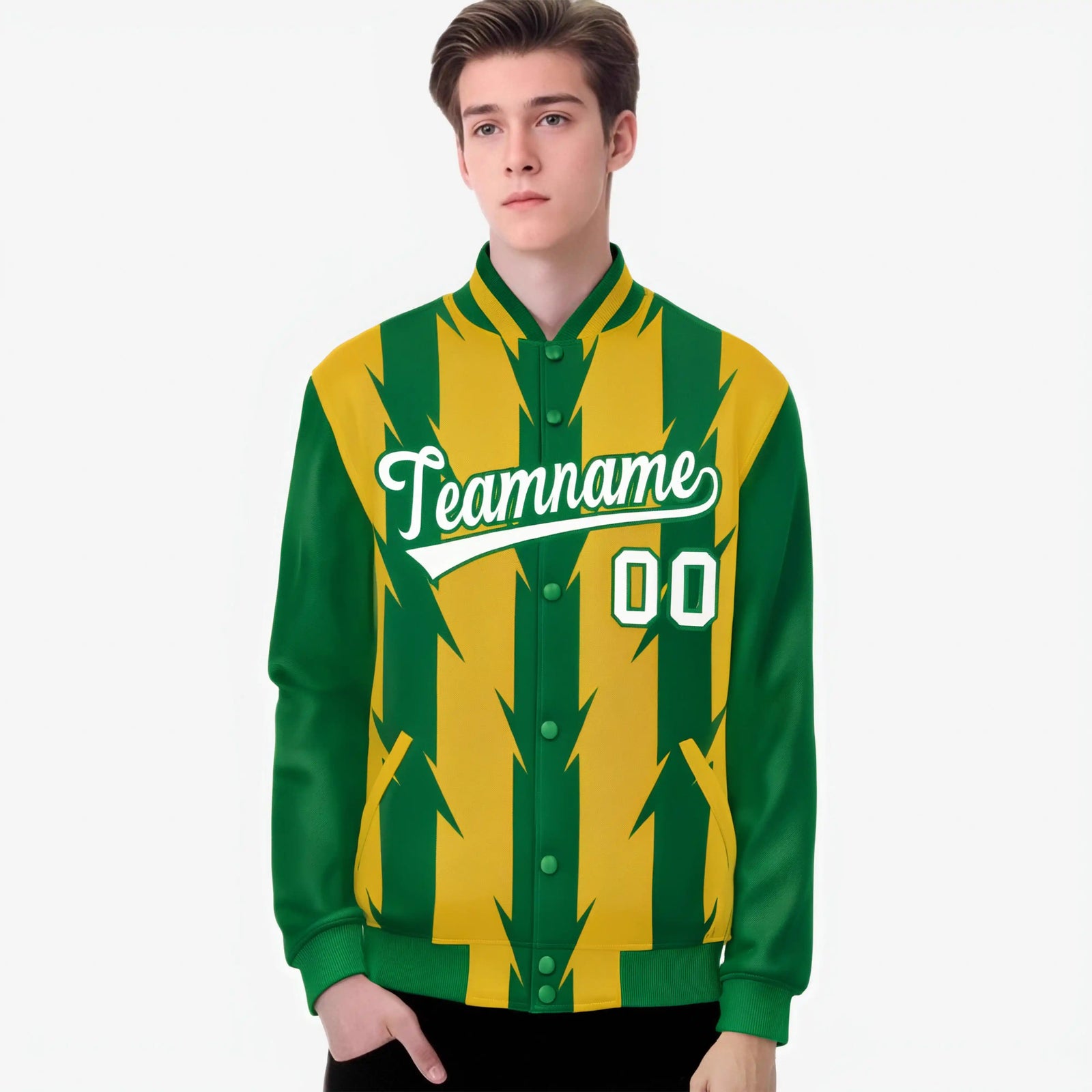 Custom Yellow Green-White Blade Graffiti Pattern Varsity Full-Snap Jacket