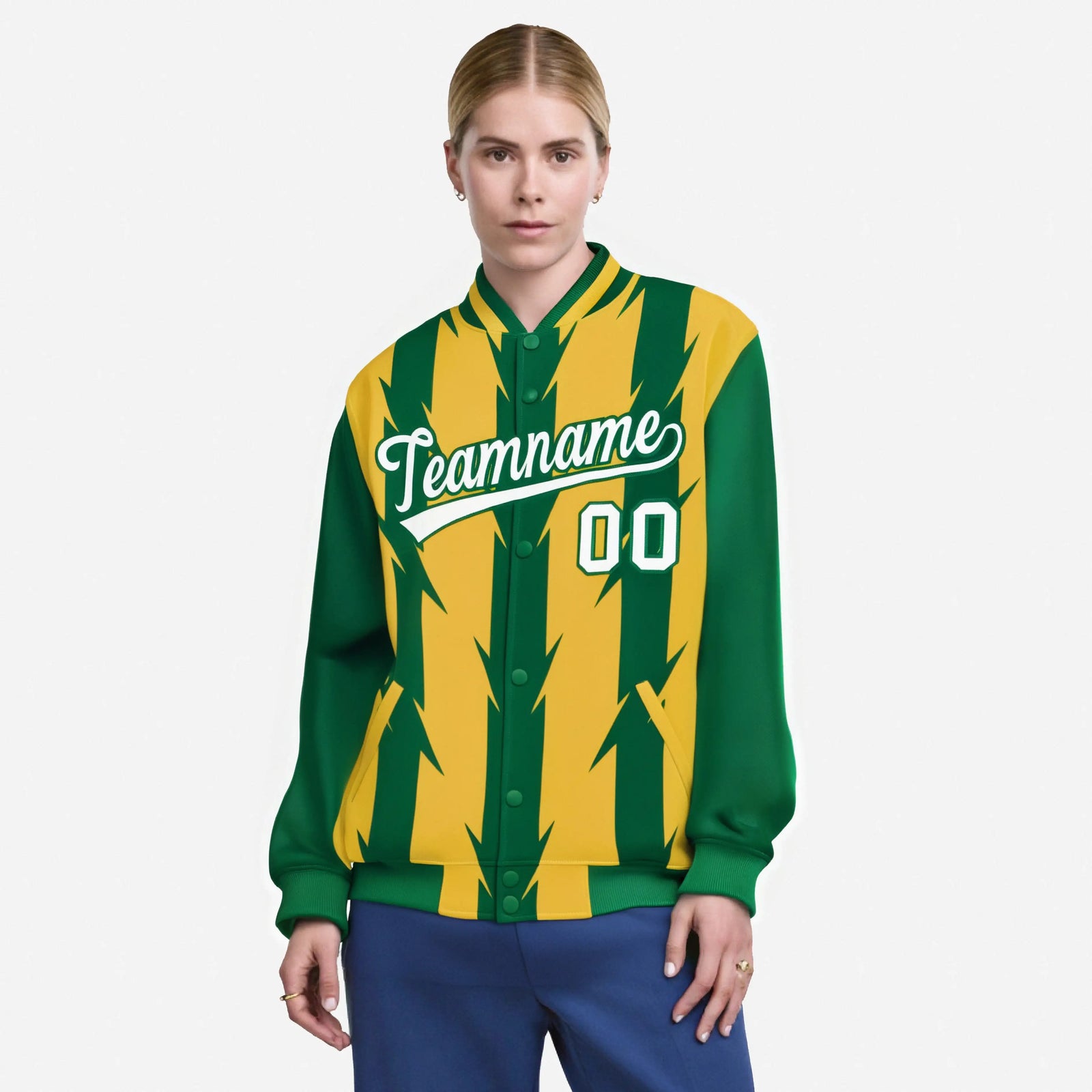 Custom Yellow Green-White Blade Graffiti Pattern Varsity Full-Snap Jacket