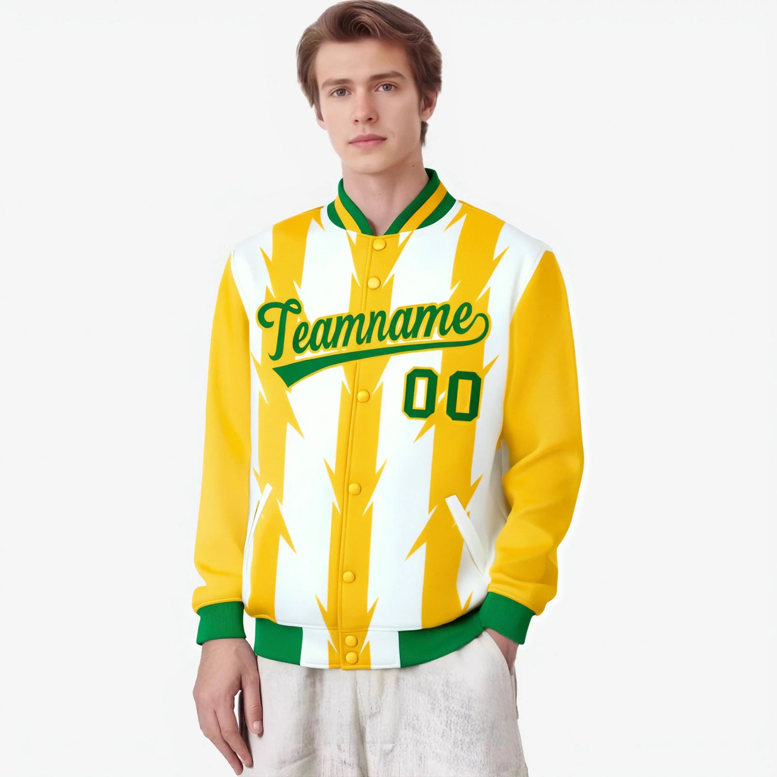 Custom White Gold-Kelly Green Blade Graffiti Pattern Varsity Full-Snap Jacket