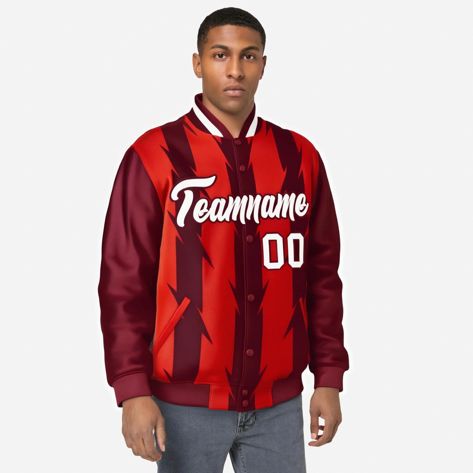 Custom Red Crimson-White Blade Graffiti Pattern Varsity Full-Snap Jacket