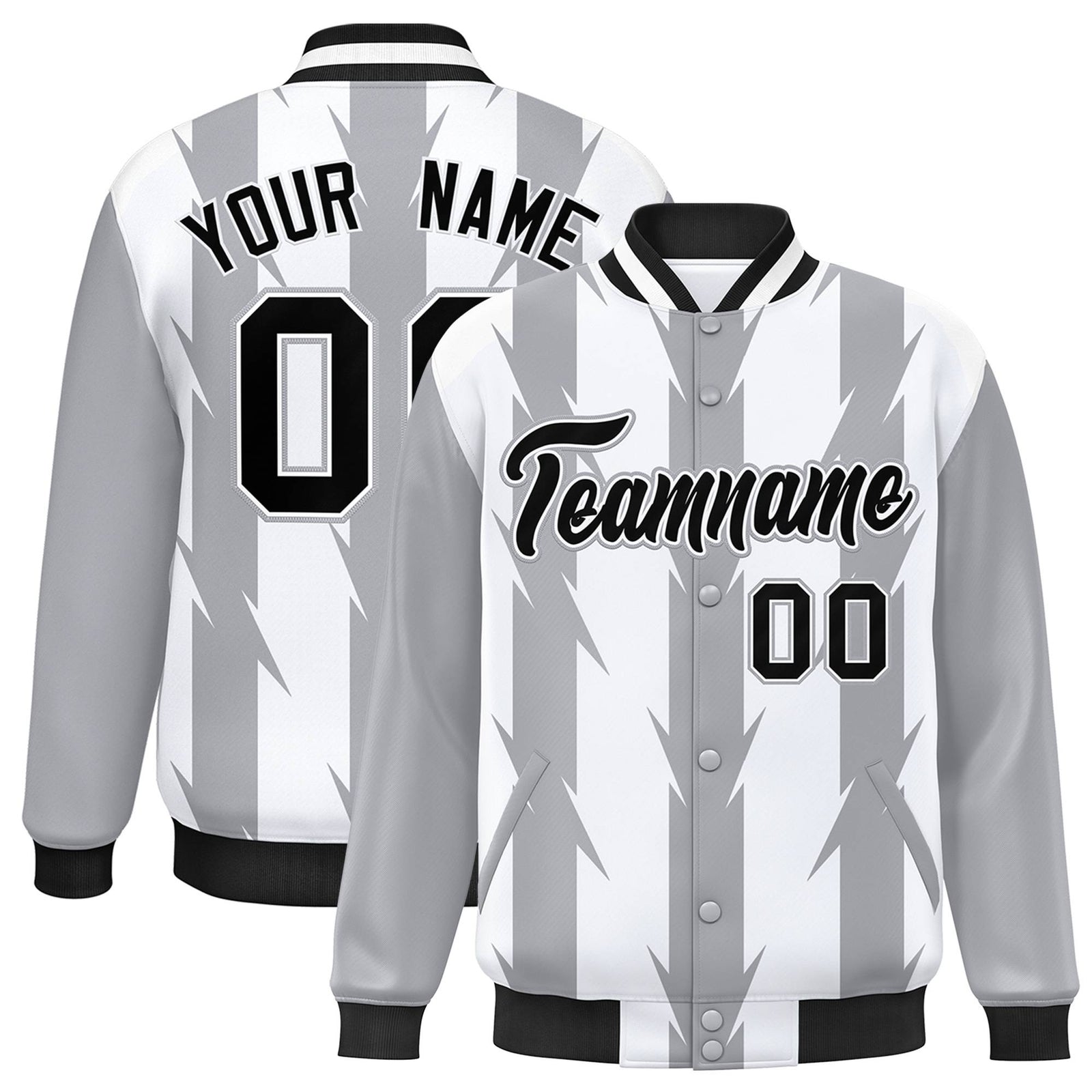Custom White Gray-Black Blade Graffiti Pattern Varsity Full-Snap Jacket