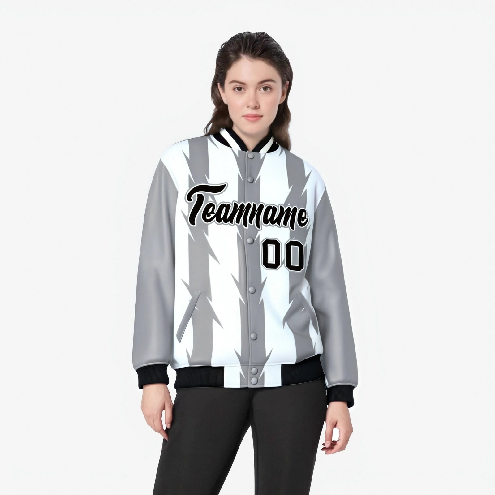 Custom White Gray-Black Blade Graffiti Pattern Varsity Full-Snap Jacket