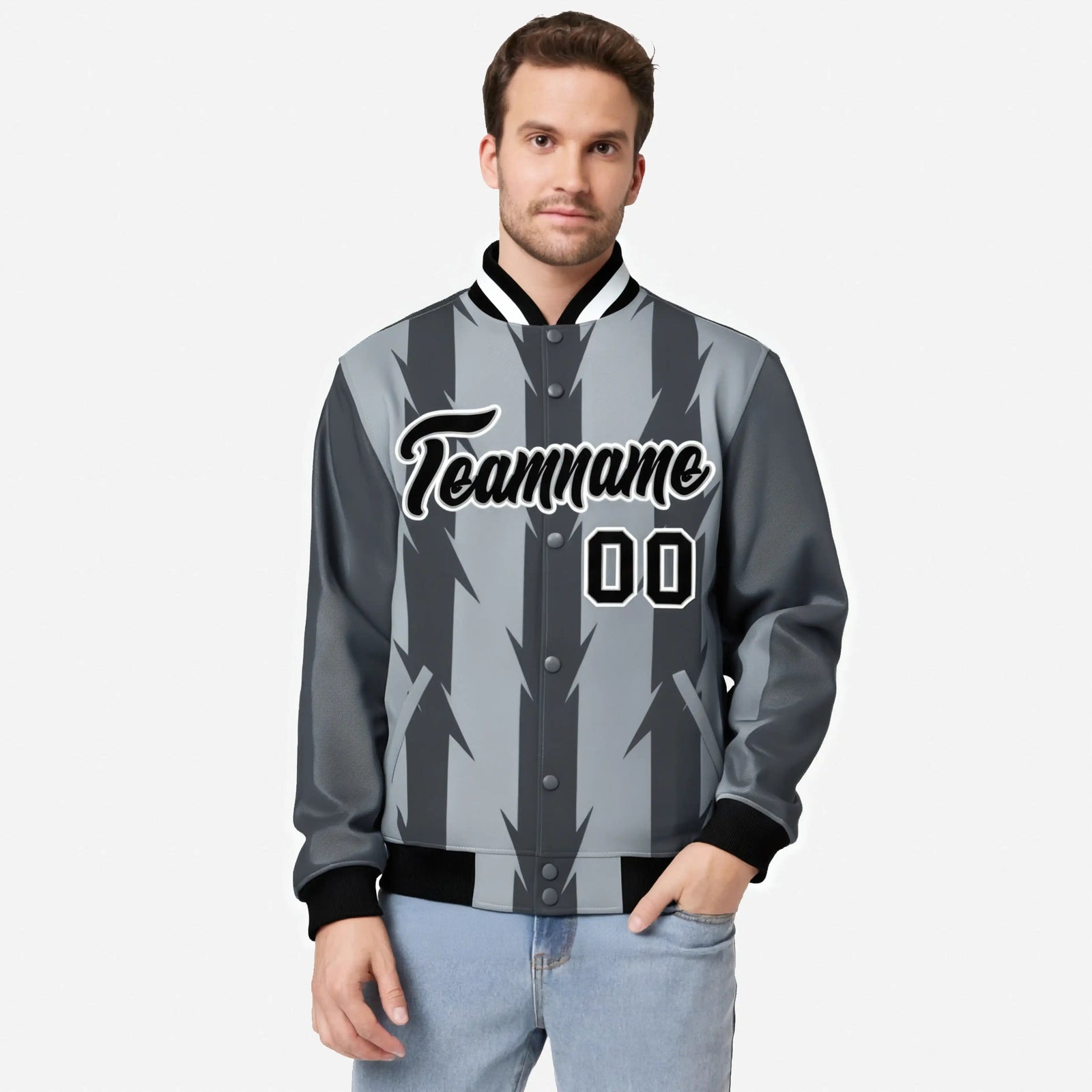 Custom Gray Dark Gray Black-White Blade Graffiti Pattern Varsity Full-Snap Jacket