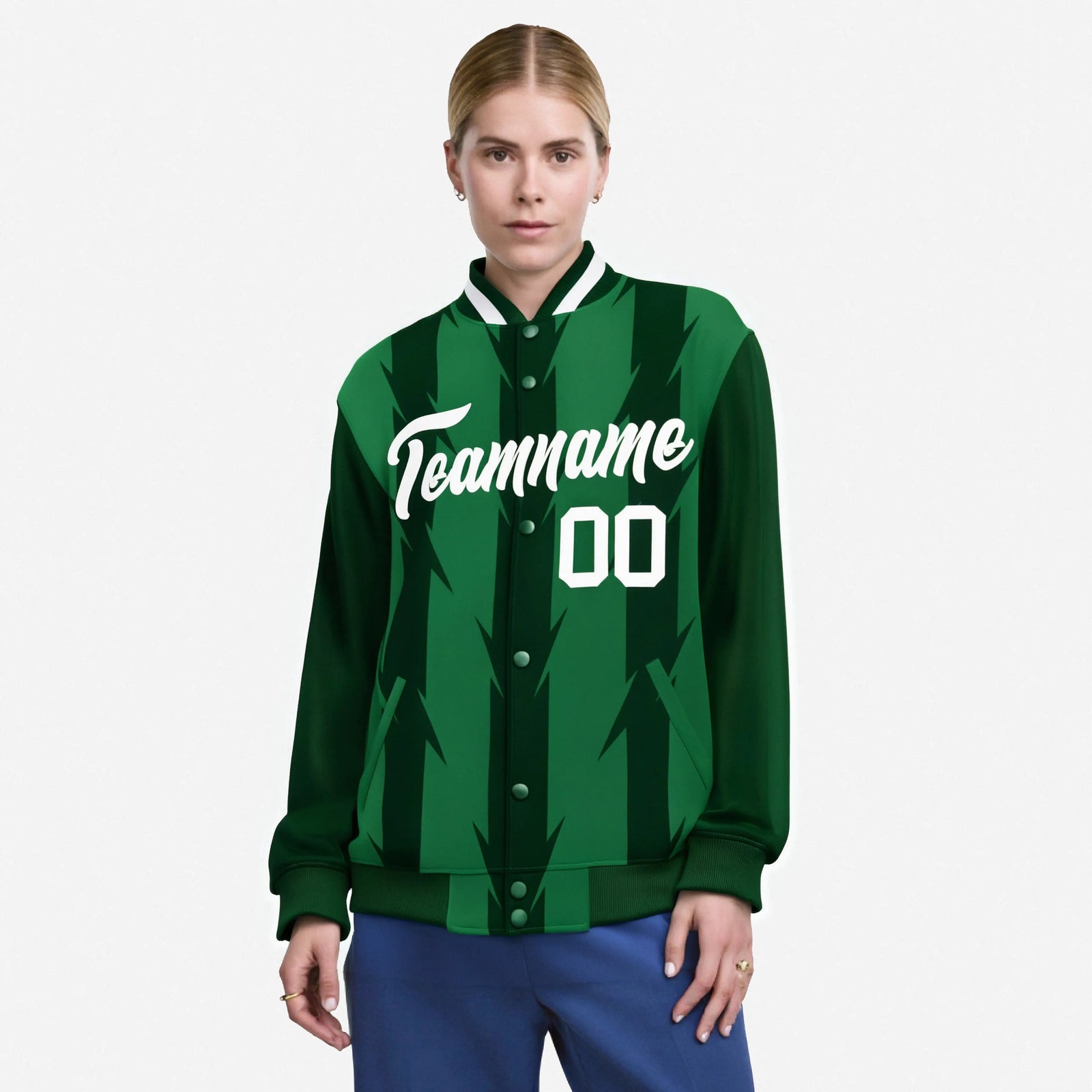 Custom Green Kelly Green-White Blade Graffiti Pattern Varsity Full-Snap Jacket