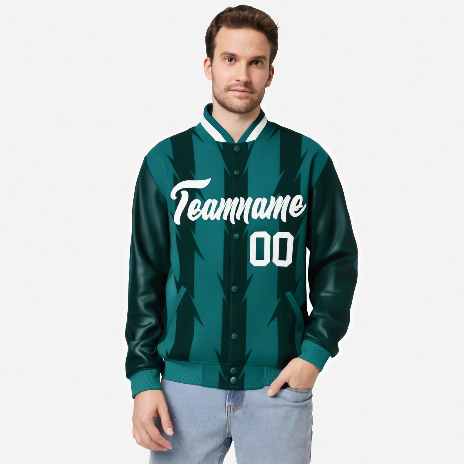 Custom Green Aqua-White Blade Graffiti Pattern Varsity Full-Snap Jacket